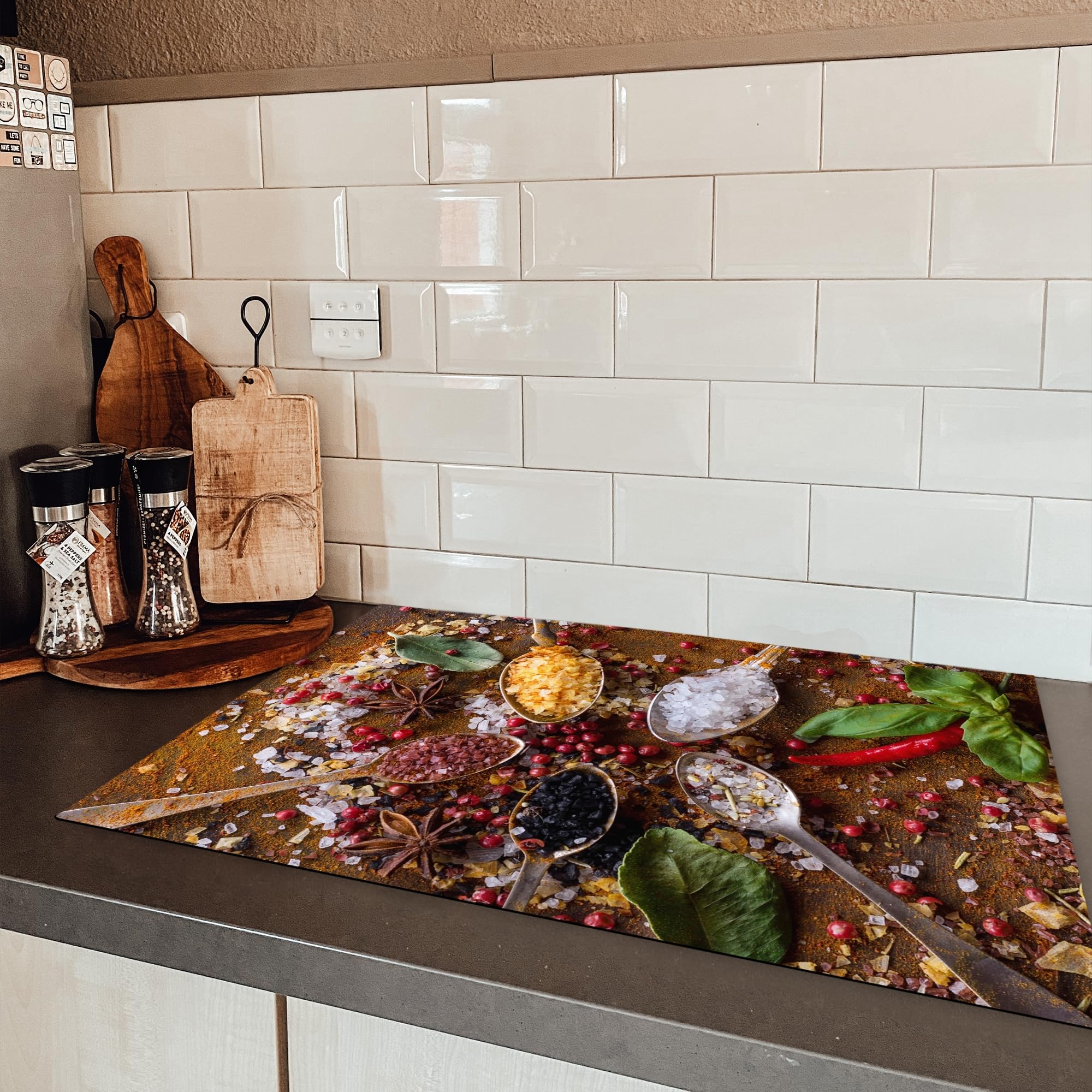 KitchenYeah© Inductie Beschermer 78x52 cm Keuken Decoratie Kookplaat Beschermer voor Inductiekookplaat Afdekplaat Anti Slip Mat - Kruiden - Citroen - Fruit - Hout print