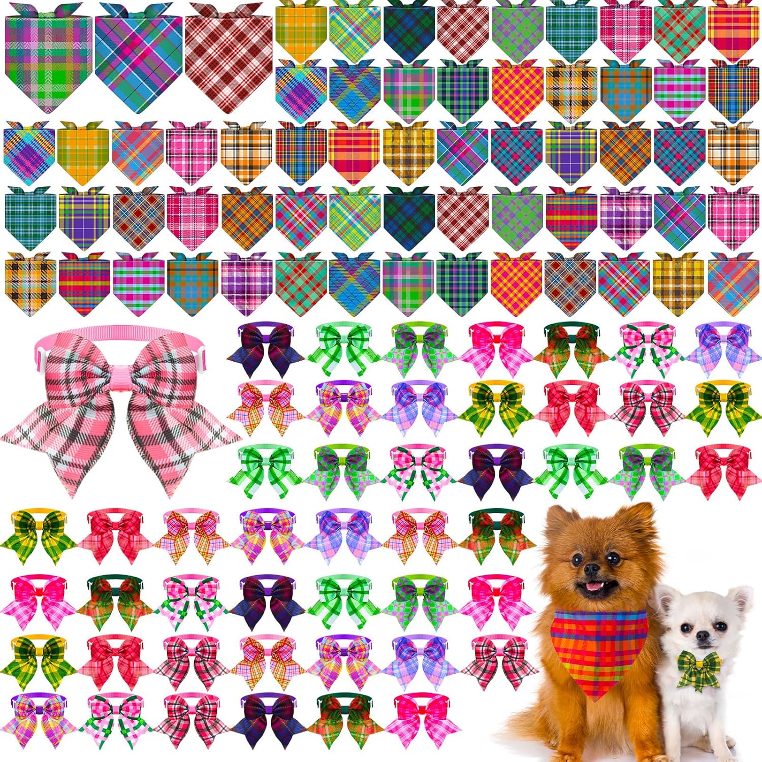 Sanwuta 108 Pcs Dog Bandanas Bulk for Summer Soft Breathable Dog Stripe Plaid Patterns Ties Adjustable Pet Collar Bowtie Triangle Pet Scarf for Summer Beach Hawaii Costume Accessories