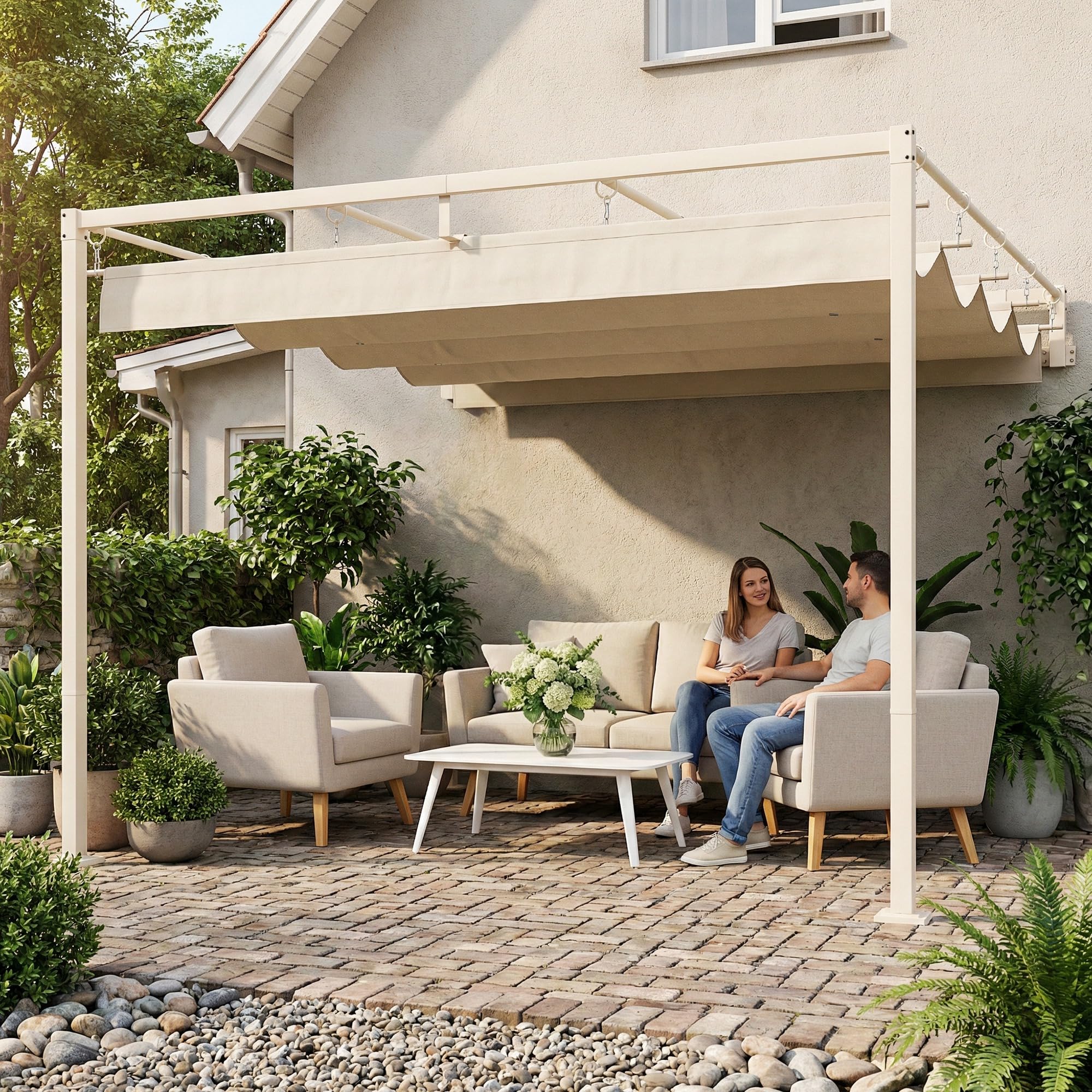 Outsunny Pérgola de Pared de Jardín 3x3 m, Cenador de Jardín con Techo Retráctil, Protección UPF30+, Orificios de Drenaje y Estructura de Acero, Pabellón para Patio, Terraza, Exterior, Beige — view 9