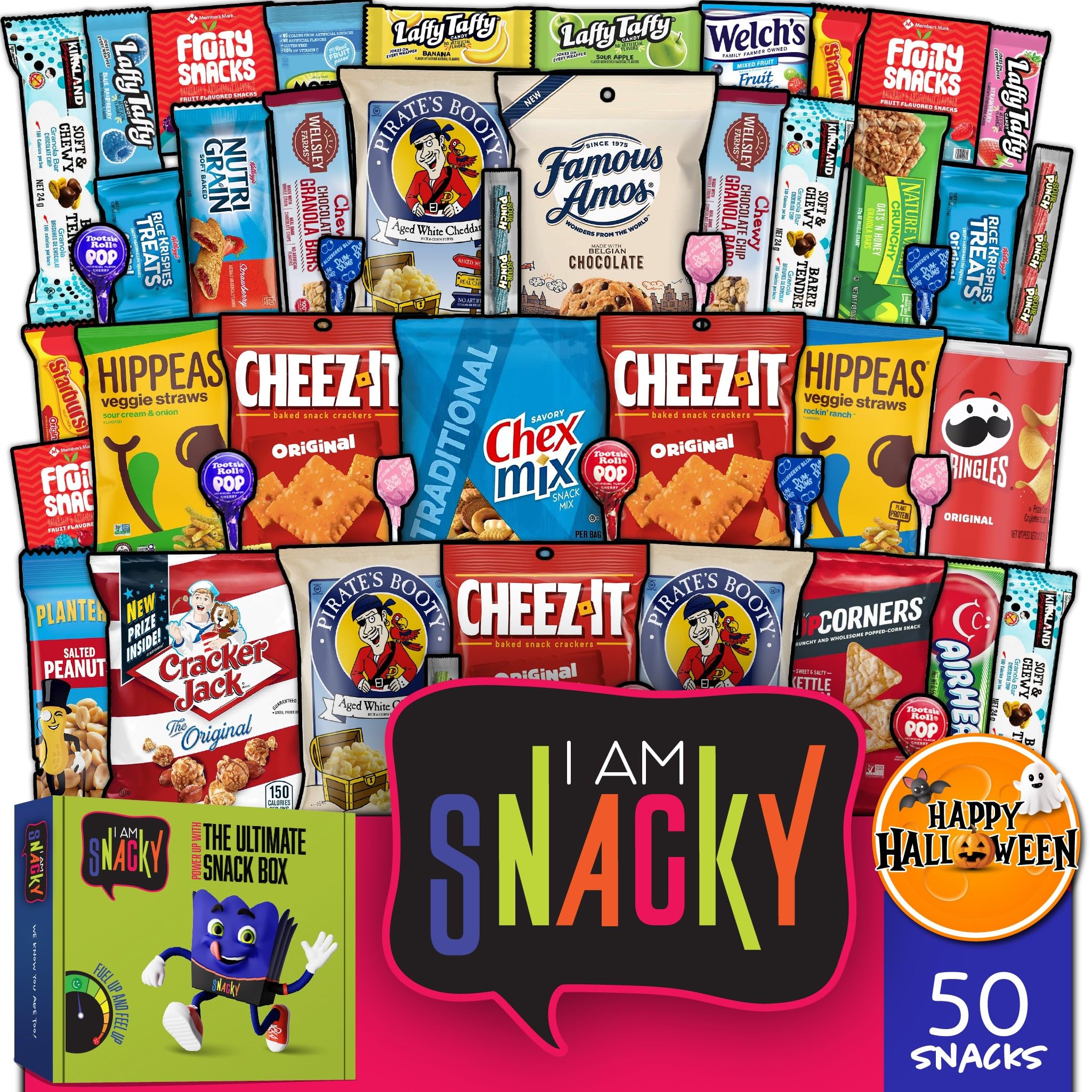 I AM Snacky - Back to School/Off to College Snack Box Variety Pack Care Package + Greeting Card - SNACKY'S BLISS BITES (50 Count) Birthday Sweet Treats Gift Basket, Candies Chips, Office Food Assortments