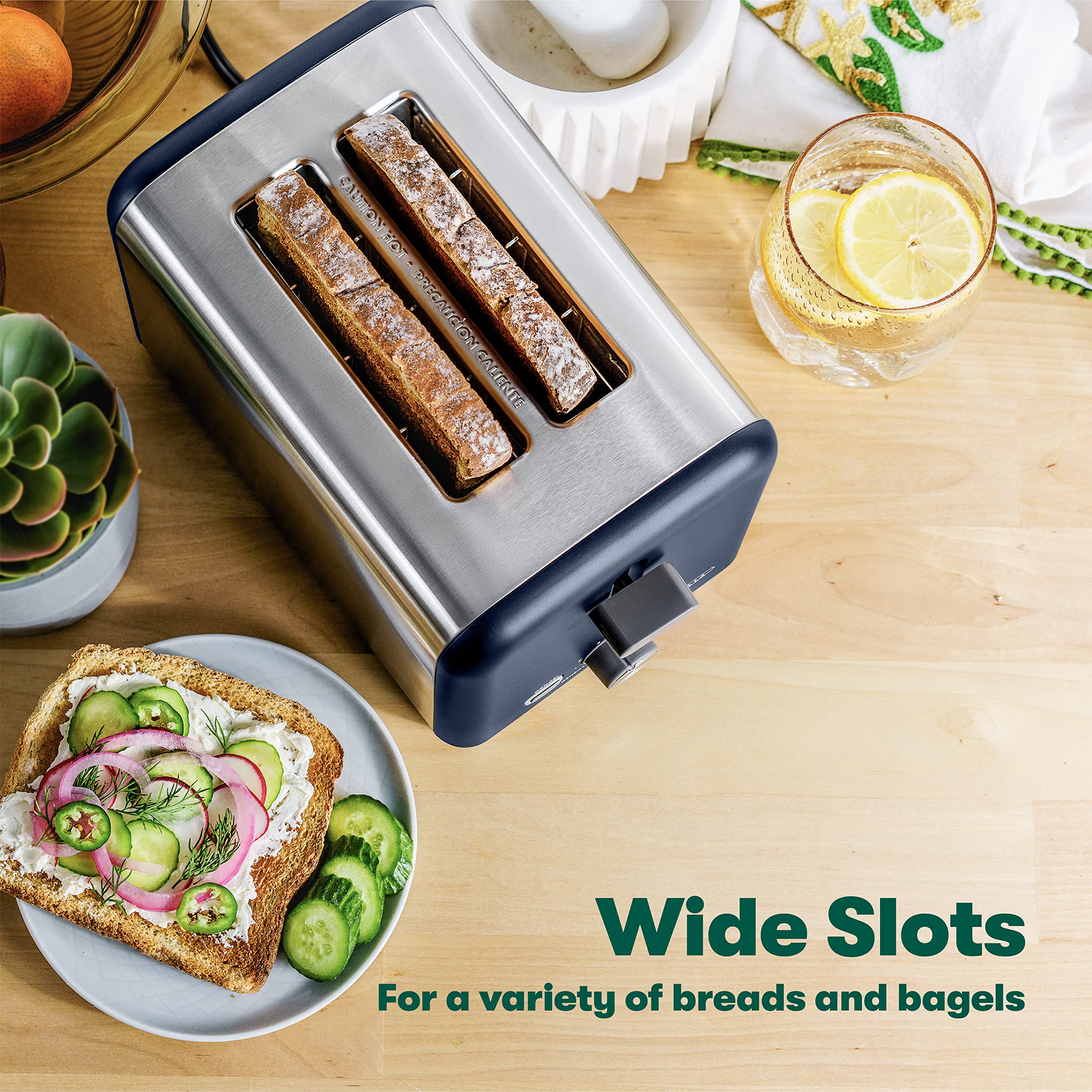 BELLA 2 Slice Toaster, Quick & Even Results Every Time, Wide Slots Fit Any Size Bread Like Bagels or Texas Toast, Drop-Down Crumb Tray for Easy Clean Up, Stainless Steel and Blue