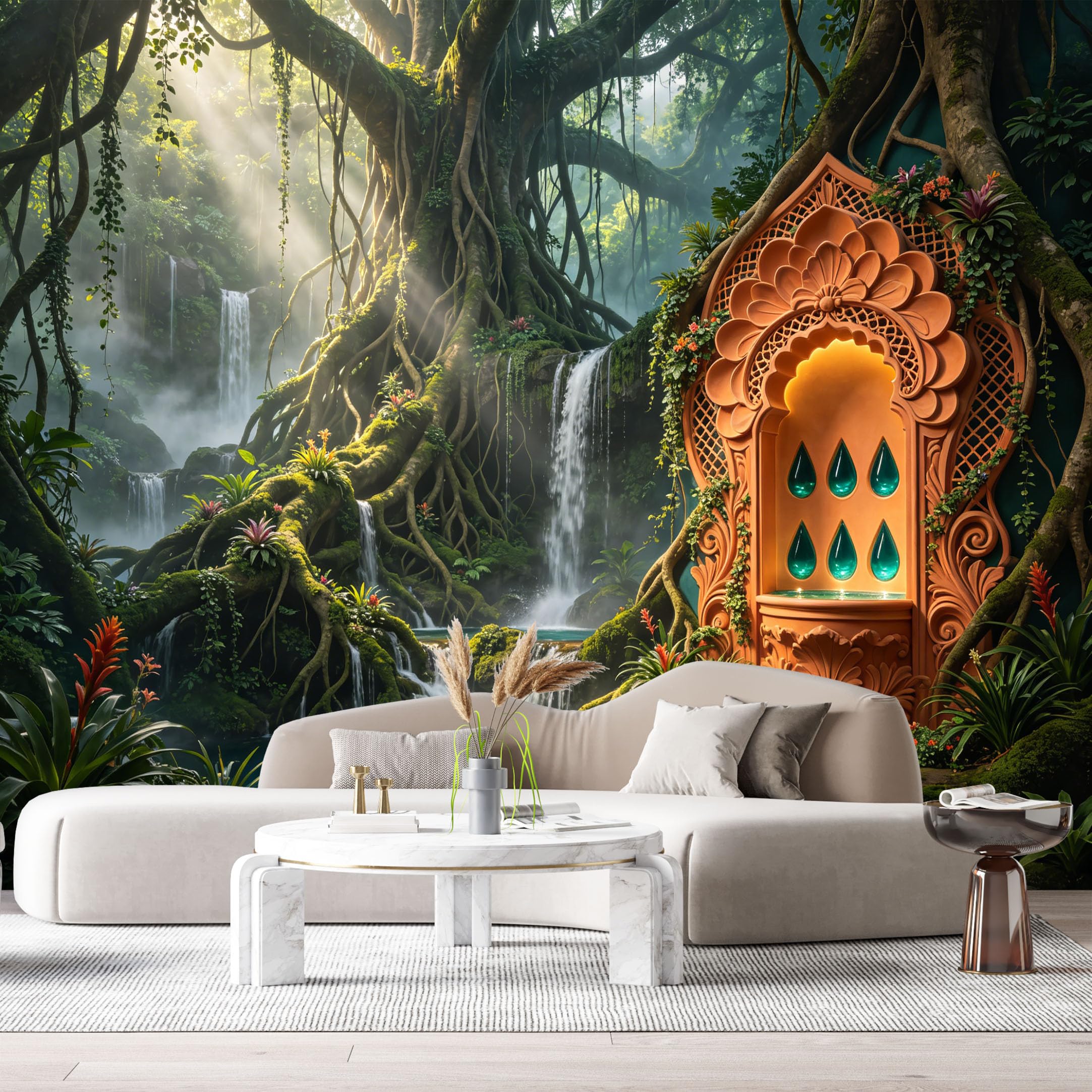 Custom Size Wall Murals Jungle Tropical Fantasy Waterfall Crystal Temple 3D Trompe L'Oeil SelfAdhesiveWall Fabric Removable Wallpaper Wall Decor for Living Room Bedroom Bathroom