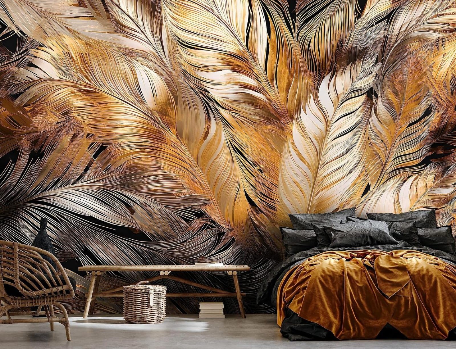 Kfjhgbdshhj 3D Mural Photo Mural-Wallpaper Feathers 3D Effect Abstract Gold - For Living Room Bedroom - 3D Effect,400Cmx280cm Poster - Wall Sticker - Frameless Picture