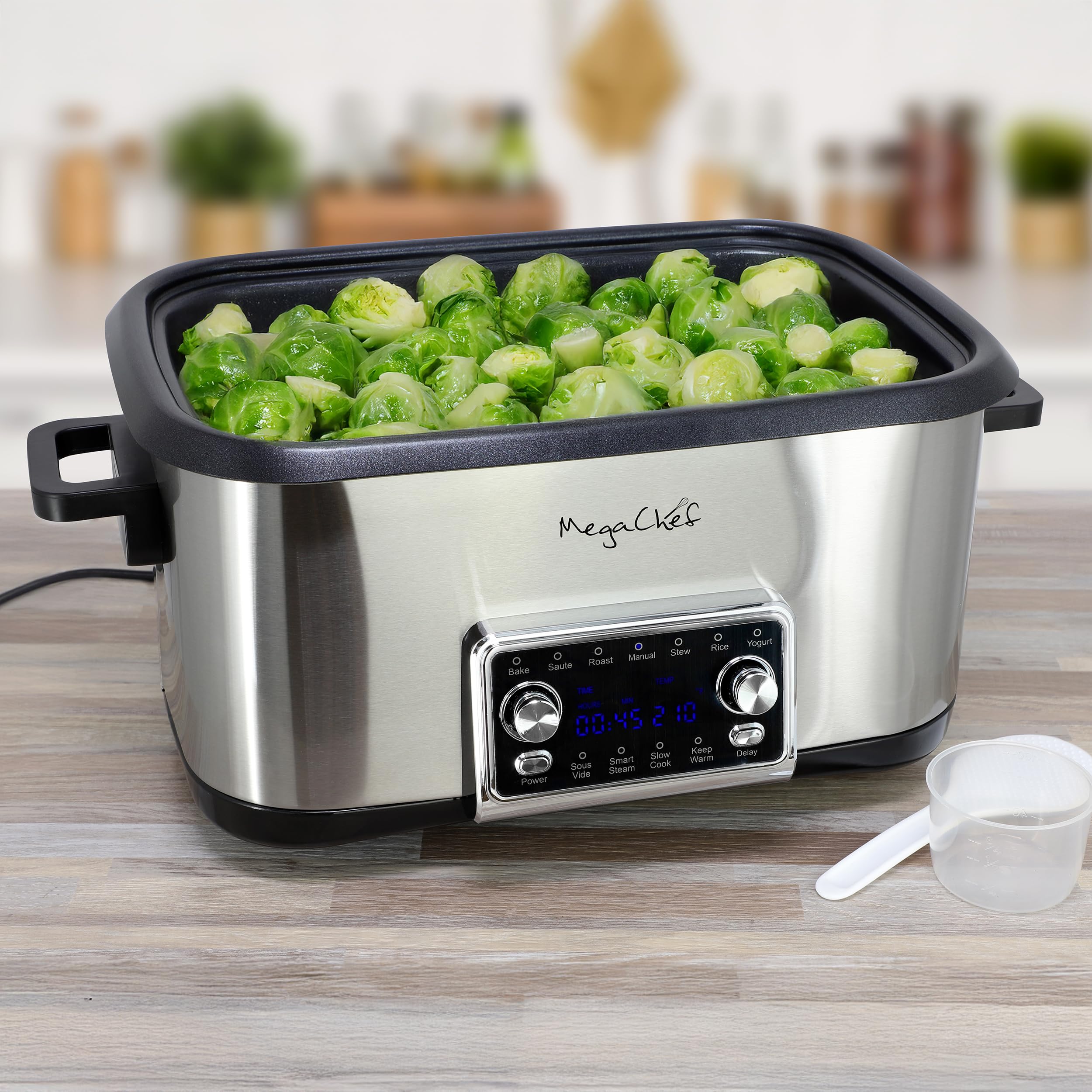 MegaChef Deluxe - Multicocina programable 12 en 1 de 8 cuartos con Sous Vide y multifunción, pantalla digital, temperatura y tiempo ajustables, olla extraíble, tapa de vidrio templado