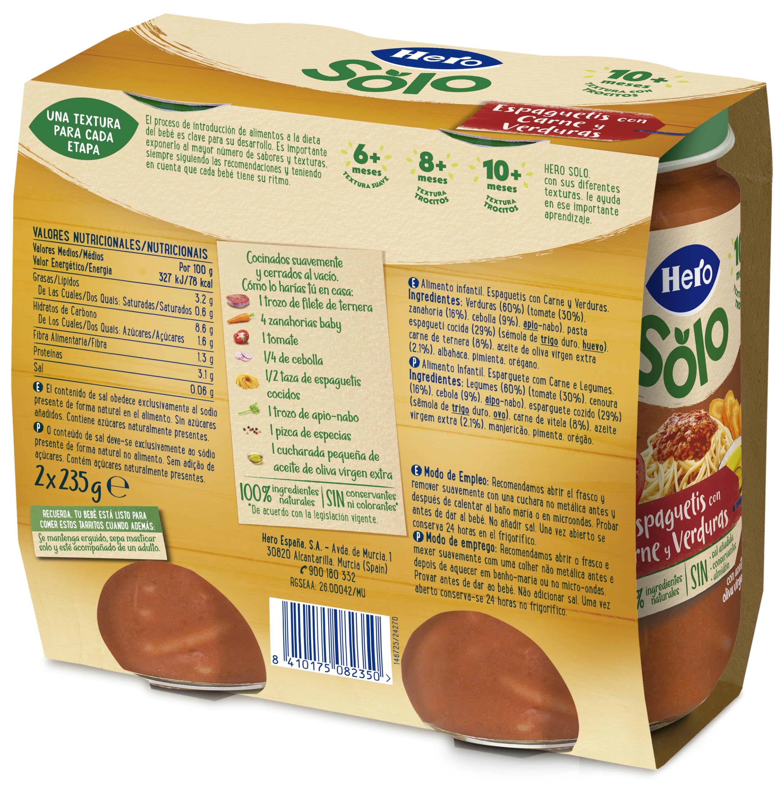 Hero Baby Tarritos de Trocitos de Espaguetis con Carne y Verduras, Alimento Infantil 12 x 235 g