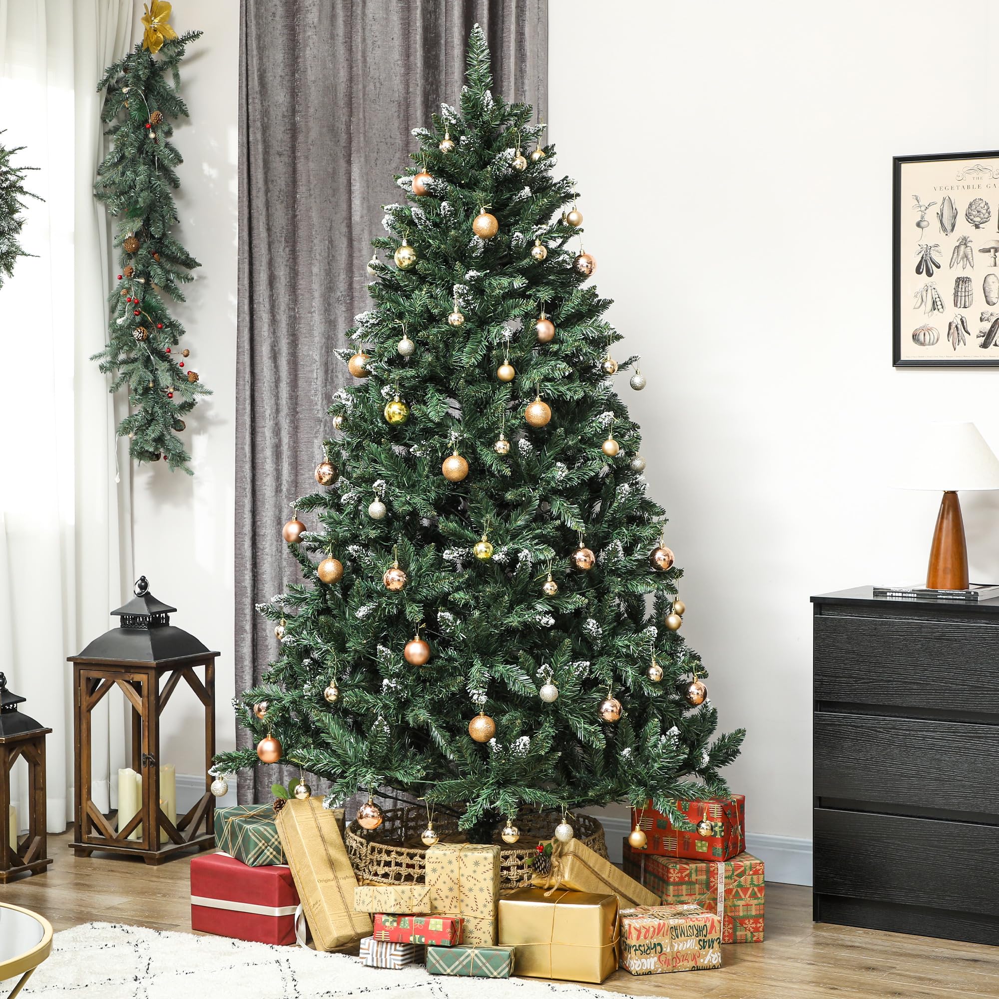 HOMCOM Árbol de Navidad 210 cm con Luces LED 9 Modos de Iluminación Verde | Árbol Navideño de Abeto, 1160 Ramas con Nieve Artificial, Soporte Metálico, Fácil de Montar