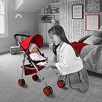 Vista 2 de The New York Doll Collection My First Doll Stroller con Canasta, Cochecito de Muñeca Plegable (Acolchado Rojo)
