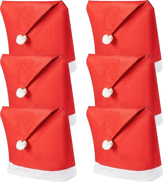 REDSTAR Christmas Chair Covers  Pack of 6, 50cm x 70cm, Dining Room Chair Covers, Red Felt with White Pom-Pom, Novelty Christmas Accessories, Festive Home Decorations