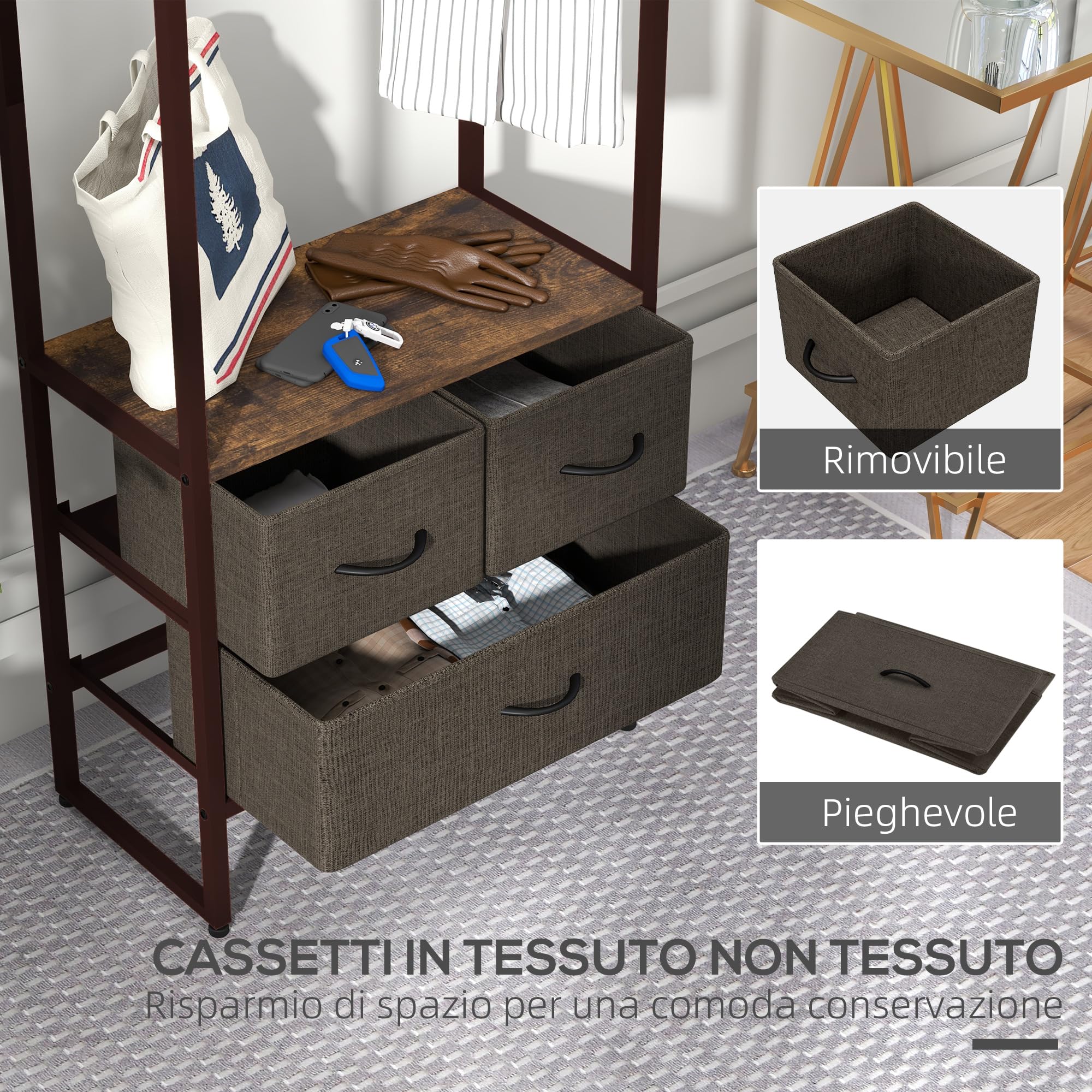 HOMCOM Appendiabiti da Terra con Asta, 3 Cassetti, 58.5x30x178 cm, Marrone