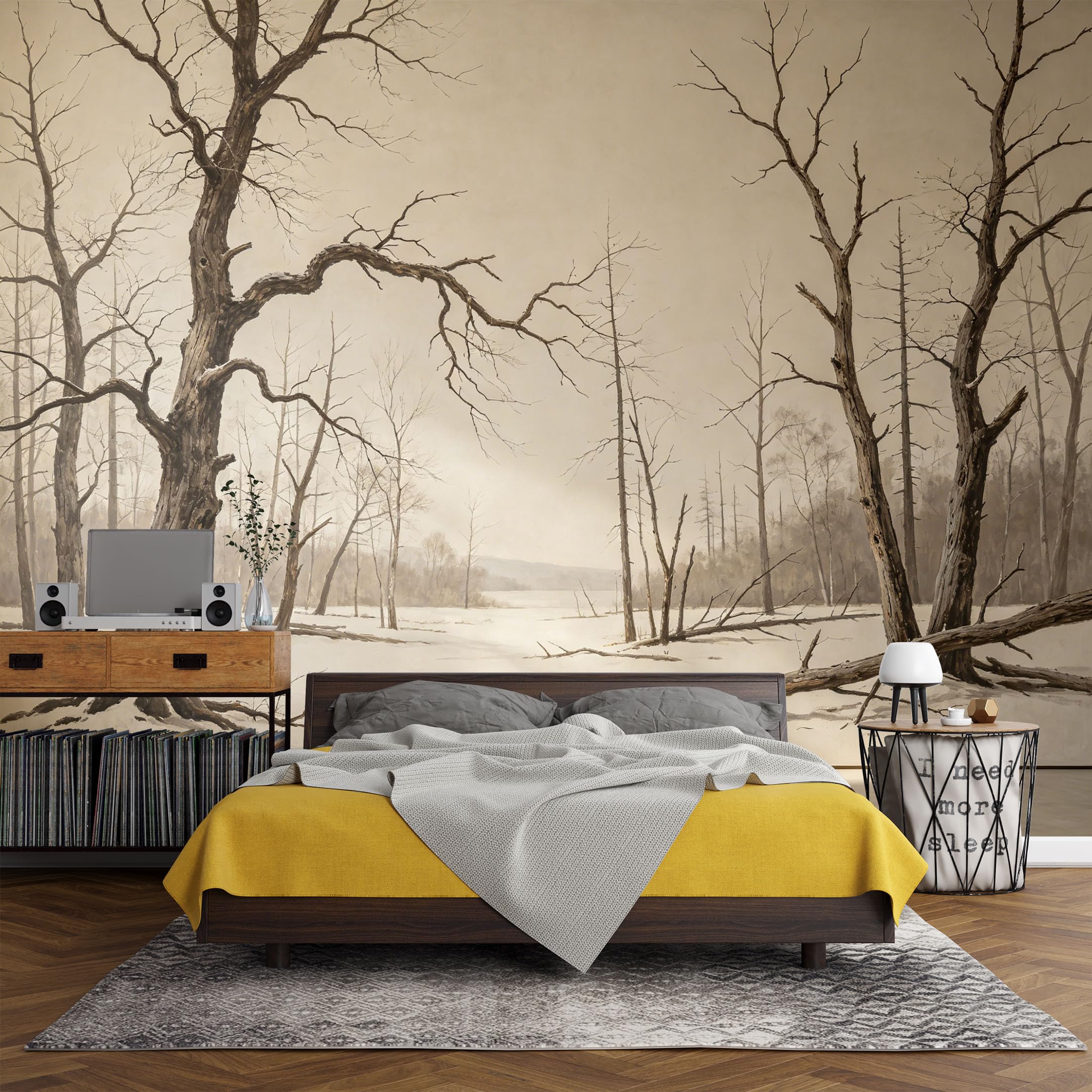 Custom Size Wall Mural， Winter Forest Landscape Bare Trees Snowfield Nature Scene， SelfAdhesive Art Prints wall Fabric (No PVC) Removable Wallpaper Living Room Decor