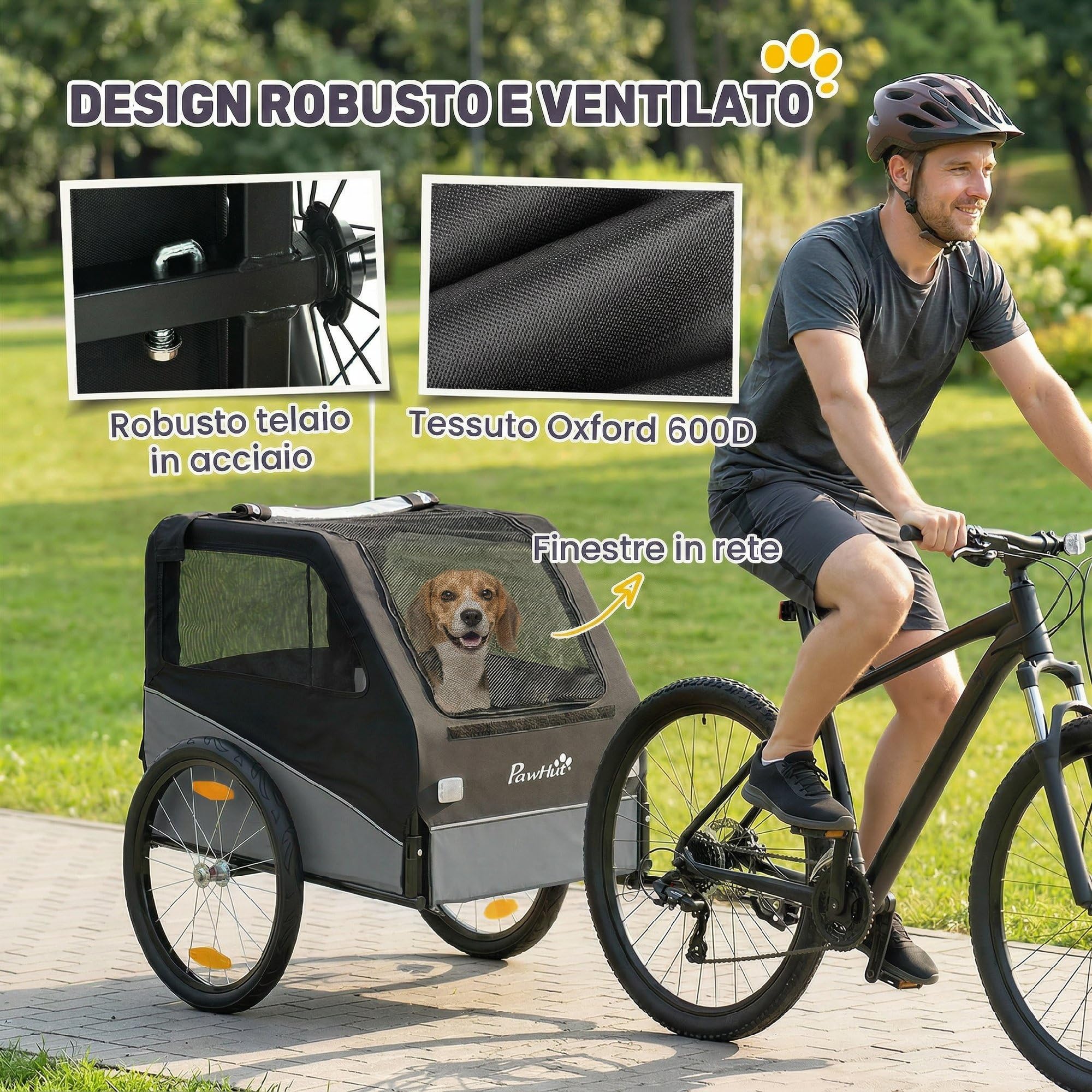 PawHut Rimorchio Bici per Cani Pieghevole con Ruote Gonfiabili a Sgancio Rapido, Ampie Finestre, Carrello Bicicletta Cani Media 20 kg, Catarifrangenti, Guinzaglio, Bandierina, Metallo e 600D Oxford