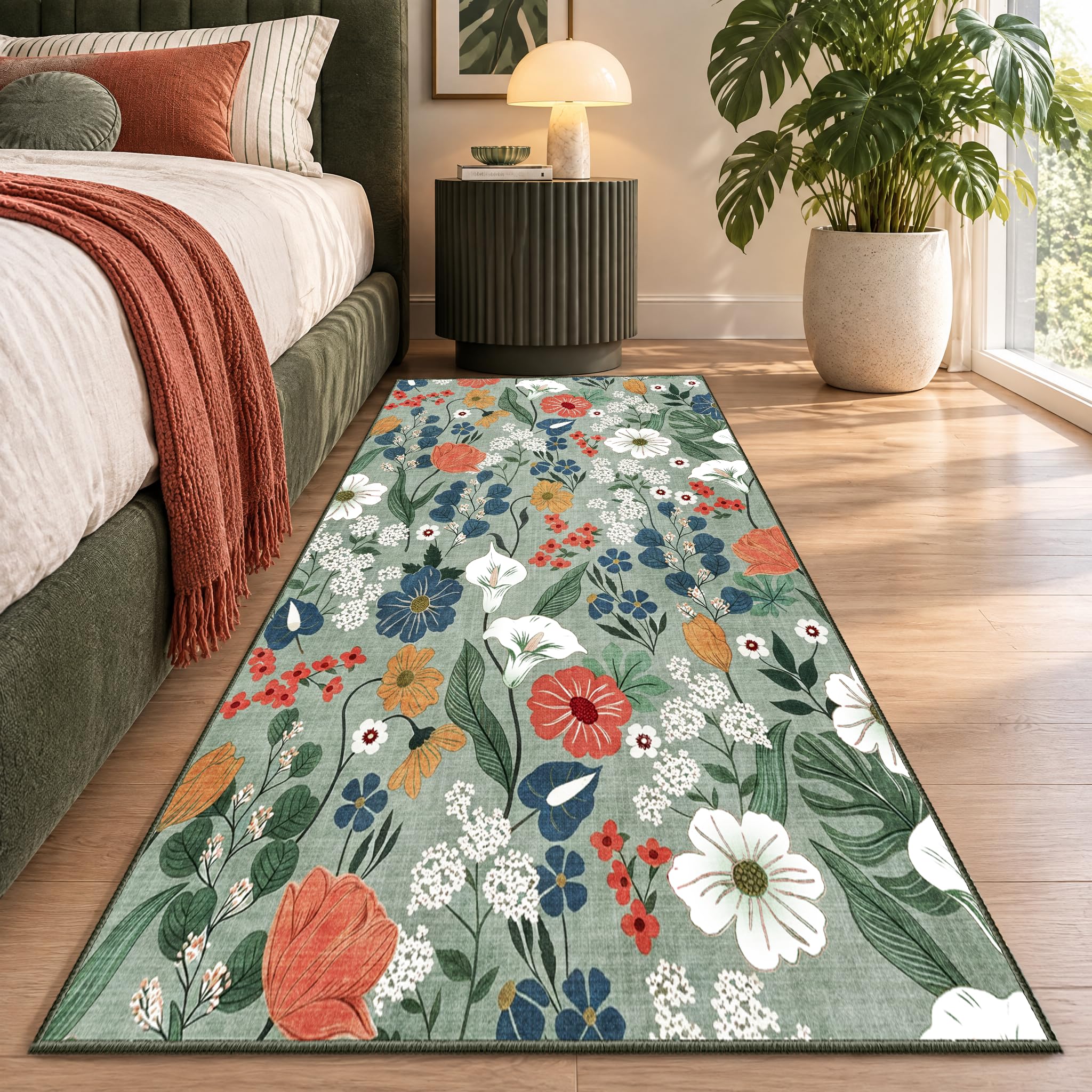 WQMMD Sage Green Floral Small Area Rug 80x150cm, Vintage Botanical Rugs — image 1