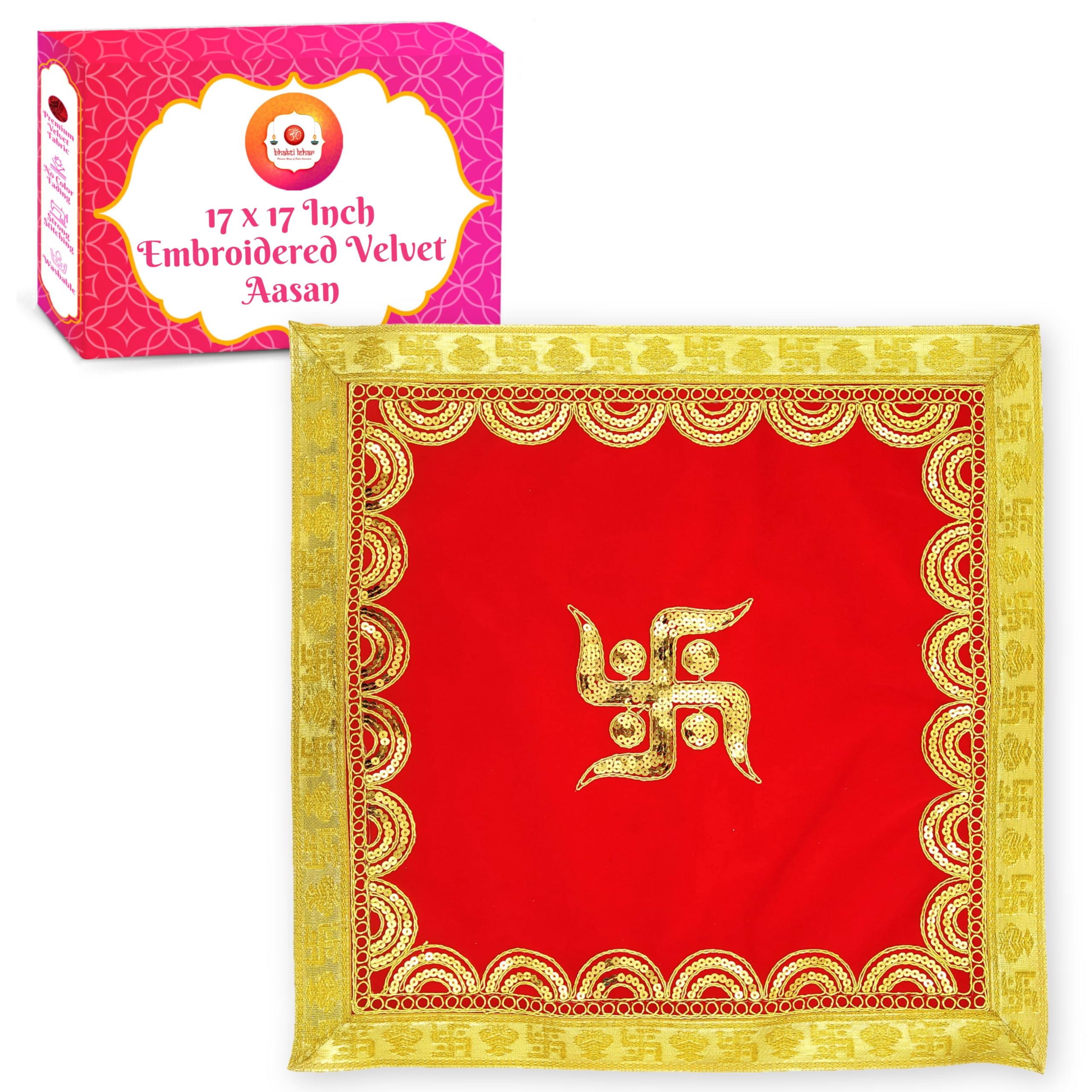 Bhakti Lehar (17 x 17 Inch) Embroidered Red Velvet Pooja Aasan Cloth for God Idol/Puja Aasan Kapda/Chowki Cloth for Temple Shelf, Home Mandir, Ganesh Baithak and God Idol Sitting - Pack of 1