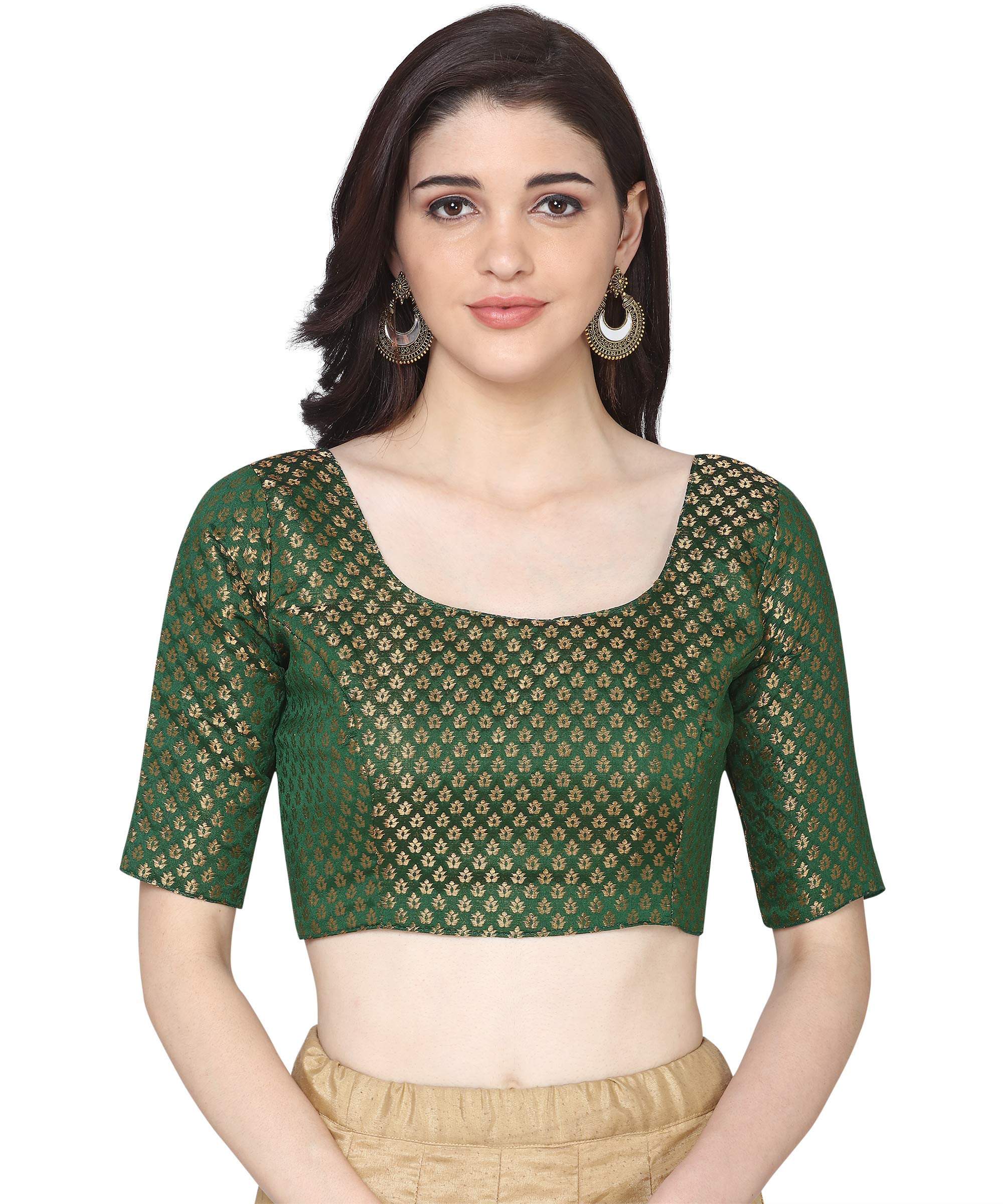 Oomph! Women's Art Silk 3/4 Sleeve Fitted Saree Blouse (Group 42_Emerald Green S)