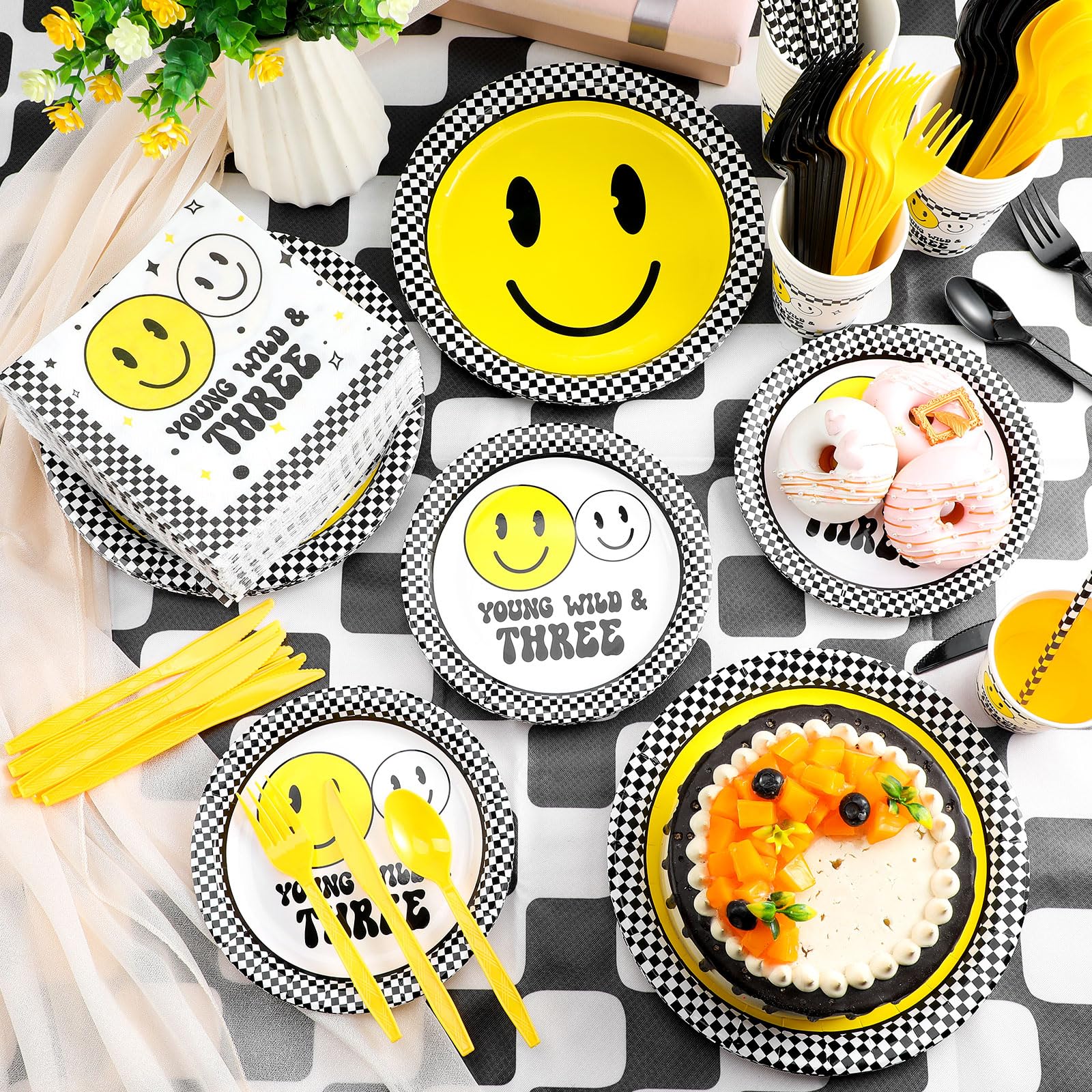 SiliFine 344 Pcs Young Wild and Three Birthday Decorations Birthday Party Supplies Serve 24, Paper Plates Cups Napkins Knife Fork Spoon Straw Tableware for 2nd 3rd