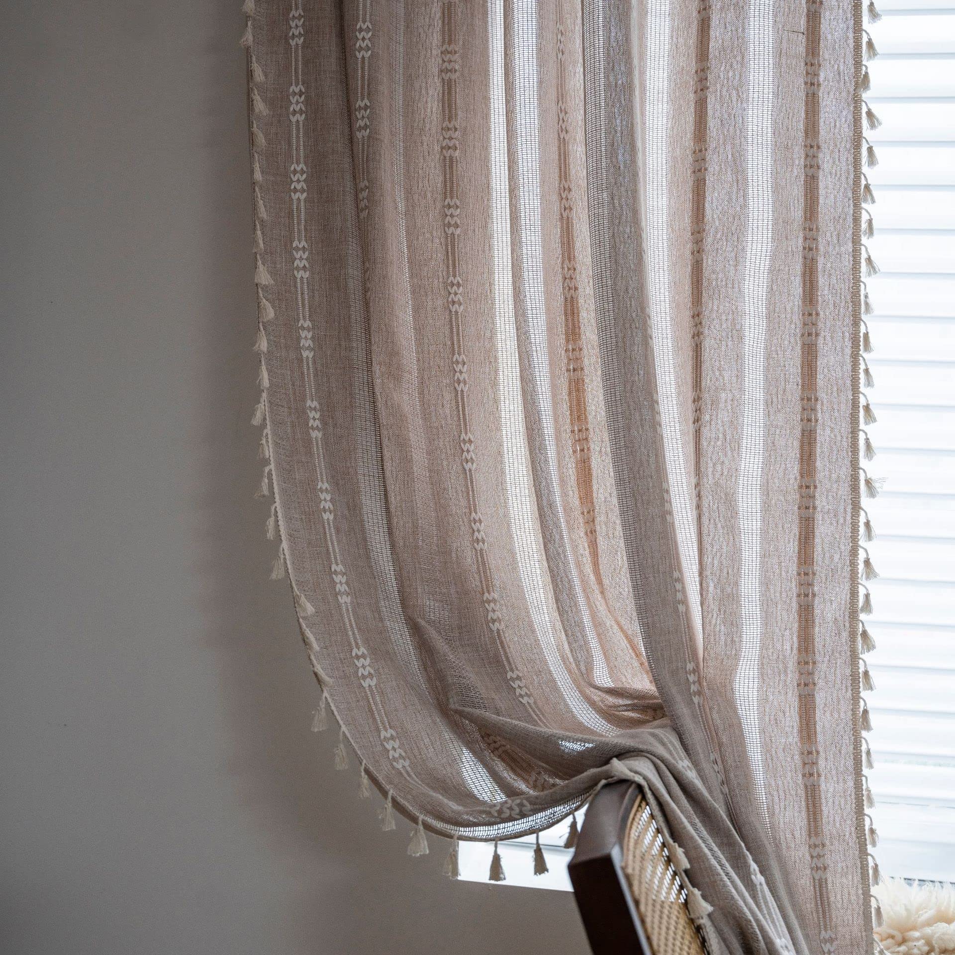 USTIDE Boho Curtains for Bedroom & Living Room, 84" Long Semi-Blackout Farmhouse Embroidery Curtains, 1 Panel Set - Image 4