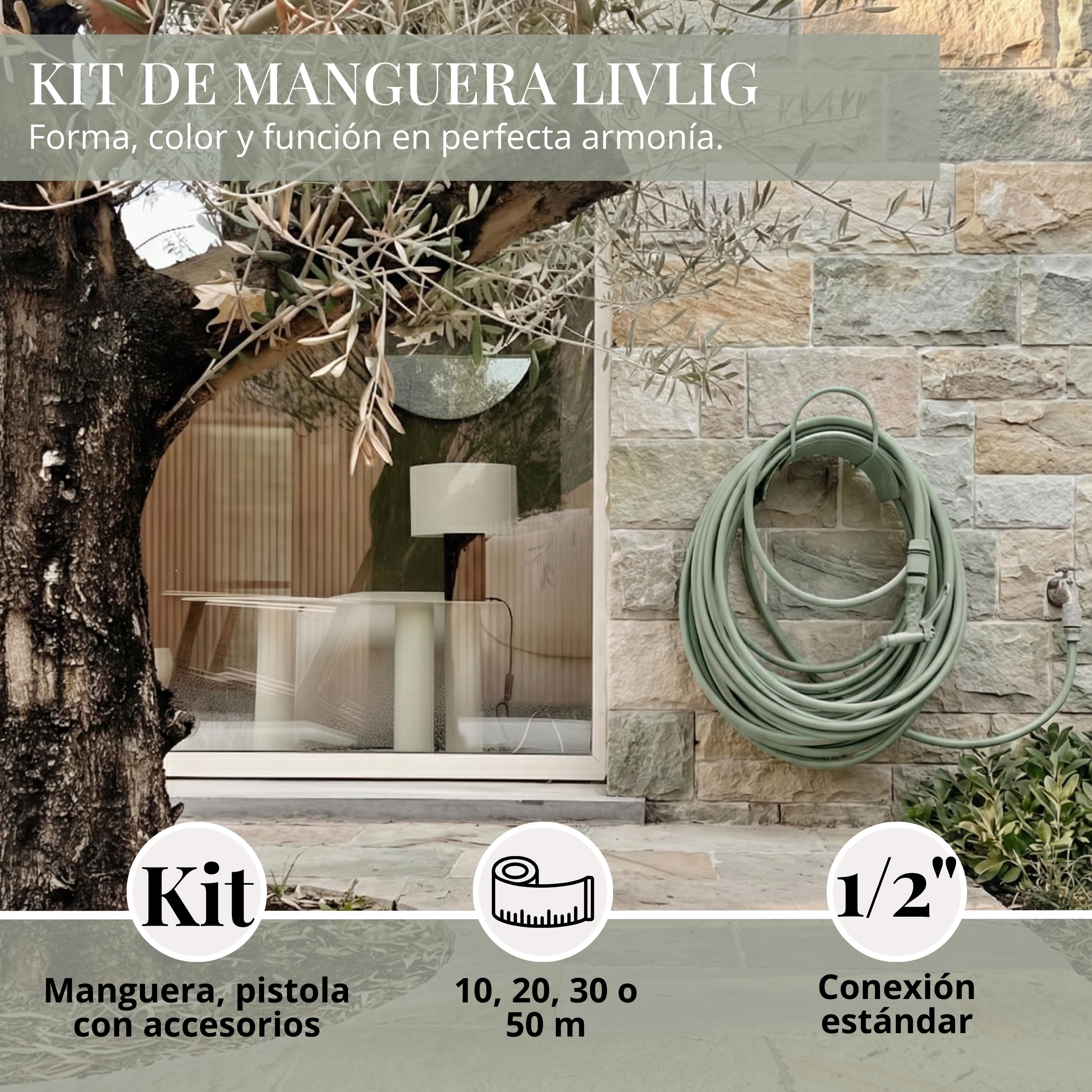 LIVLIG Set manguera 20 m 1/2" – tubo anti‑torsión y resistente a UV con pistola y conectores (G3/4, stop 1/2, rápido) – Verde