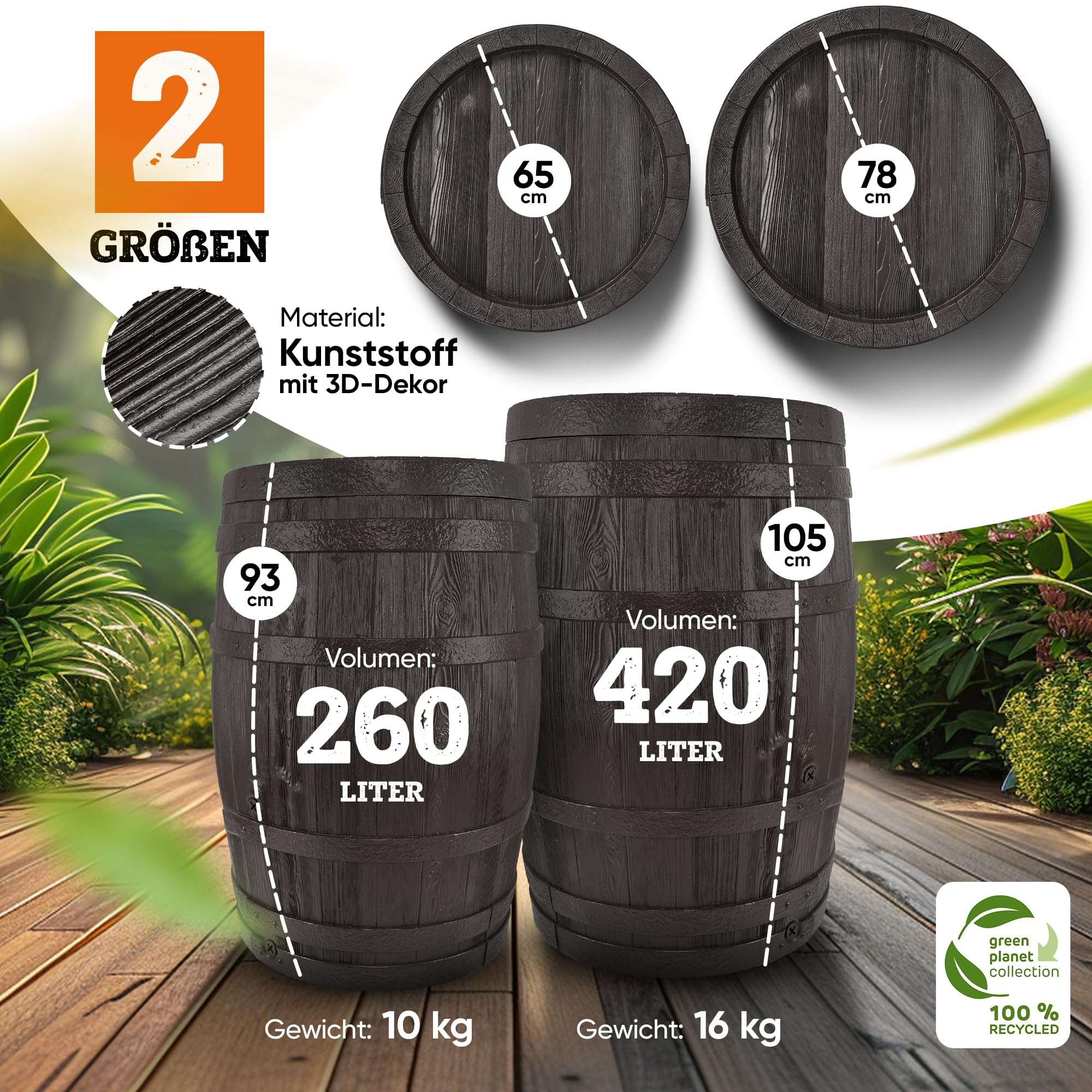 GARANTIA BARRICA Regentonne 420 Liter braun rustikale Holzfassoptik | mit abnehmbarem Deckel UV-beständiger Recycling-Kunststoff für den Garten integrierte Gewindeanschlüsse zur Wasserentnahme