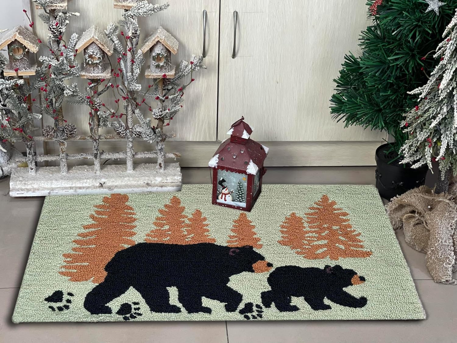 Woodland Bear Tree Silhouette Hand-Hooked Accent Rug 28.5 X 17 Inches for Home décor