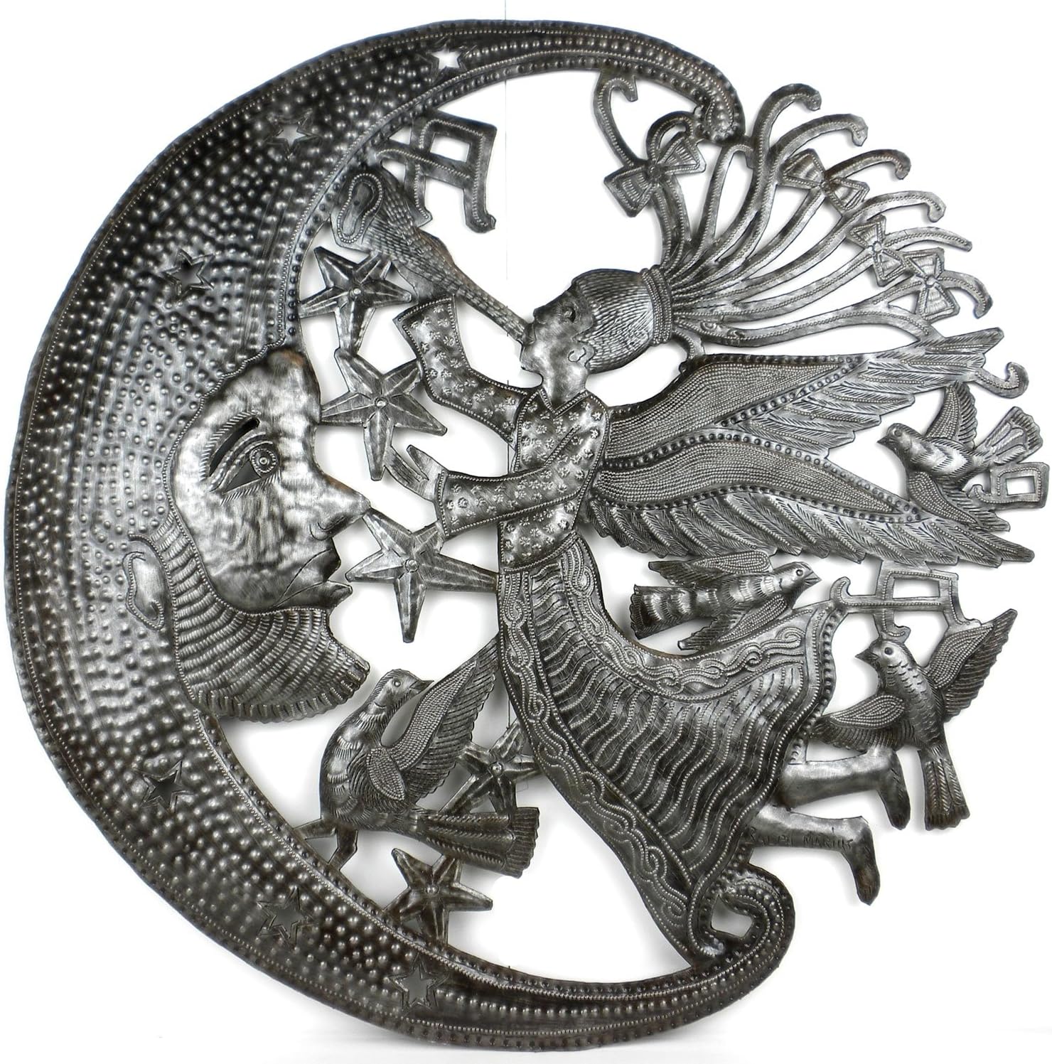 Global Crafts - Haitian Metal Wall Art Sun & Moon Angel - Handmade Recycled Indoor/Outdoor Decor