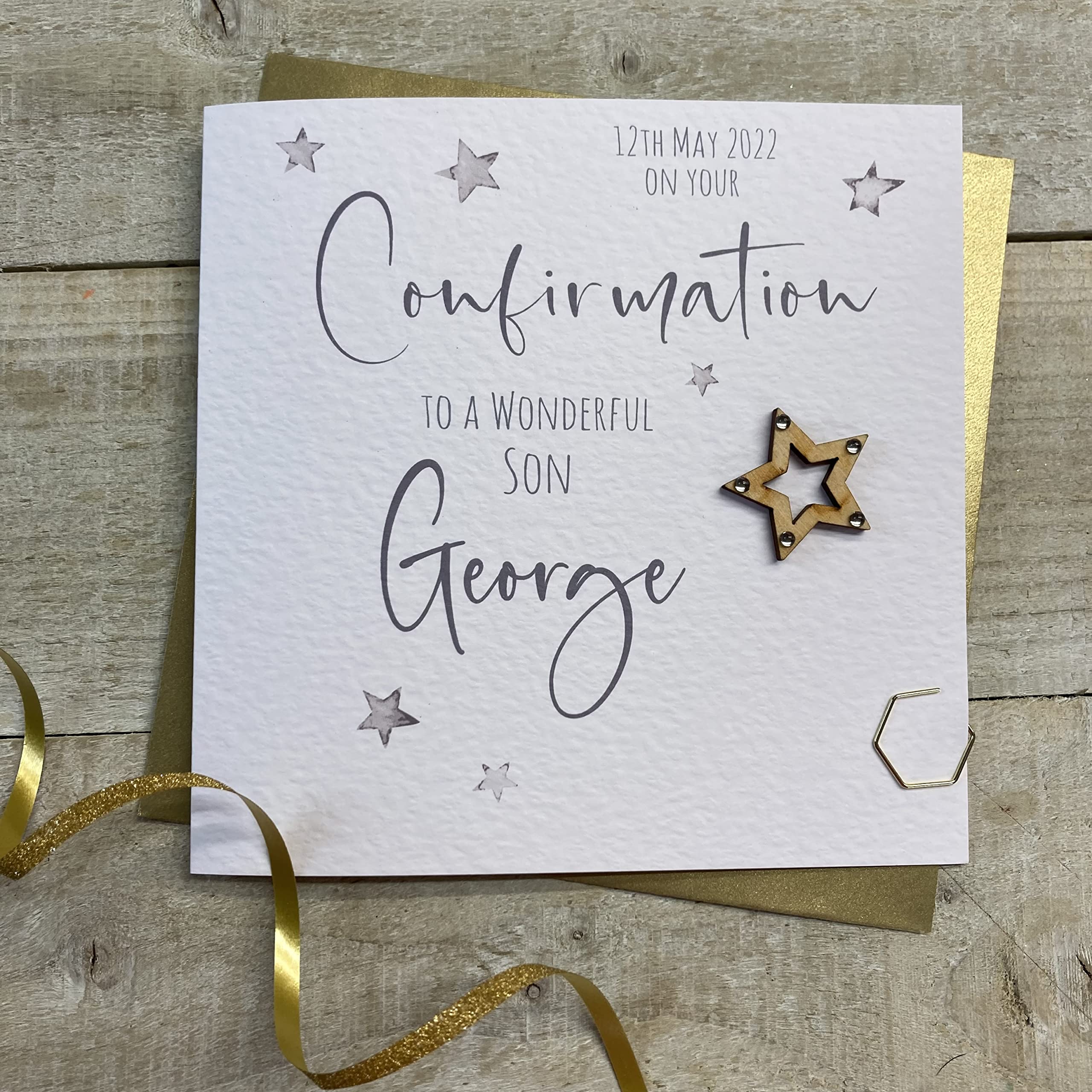 WHITE COTTON CARDS PERSONALISED CONFIRMATION CARD - SON, ANY RELATION, WOODEN STAR DESIGN (P22-68 & XP22-68)
