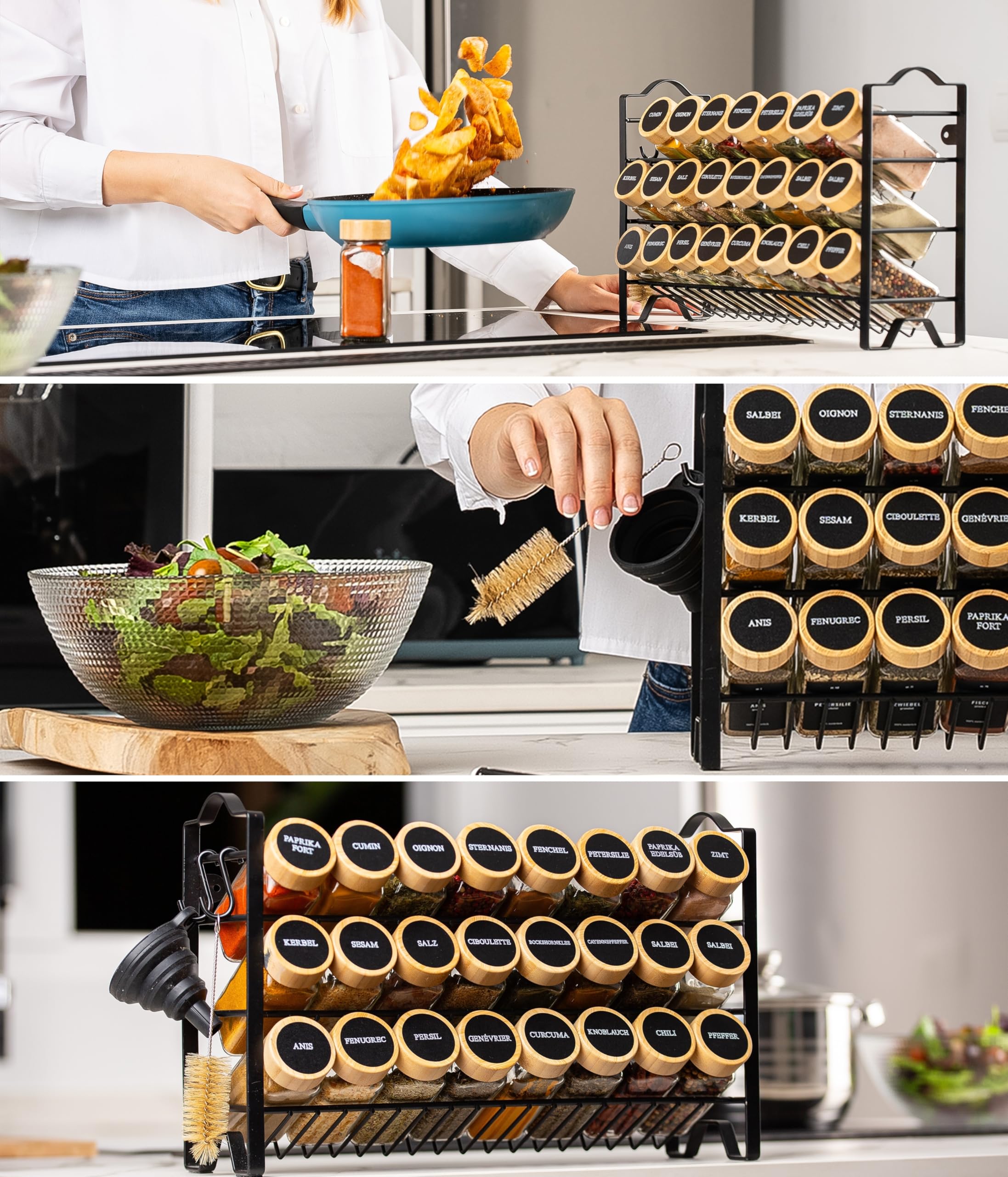Deco haus® Étagère à Épices & Bocaux - Rangement et Organisation de Cuisine & Maison - Métal, 3 Niveaux - 24 Pots 48 Étiquettes 1 Brosse 1 Entonnoir & Crochets - Autoportante/Murale - Noire