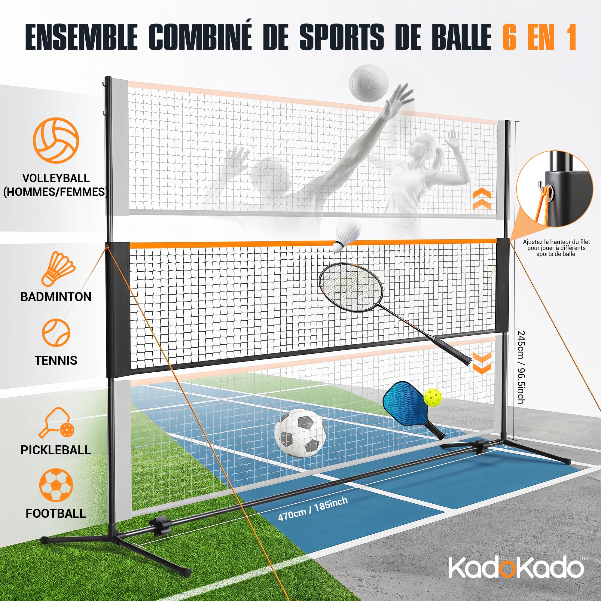 Filet de Badminton Portable pour l'intérieur et l'extérieur - Réglable en Hauteur sur 4 Positions - pour Tennis, Football, Tennis, Pickleball, Volley-Ball, Badminton - Facile à Installer
