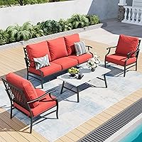 Vista 23 de Juego de muebles de patio, 4 piezas de muebles modernos de metal para exteriores, sofá de 3 plazas, 2 sillas mecedoras, mesa de centro y cojín extra