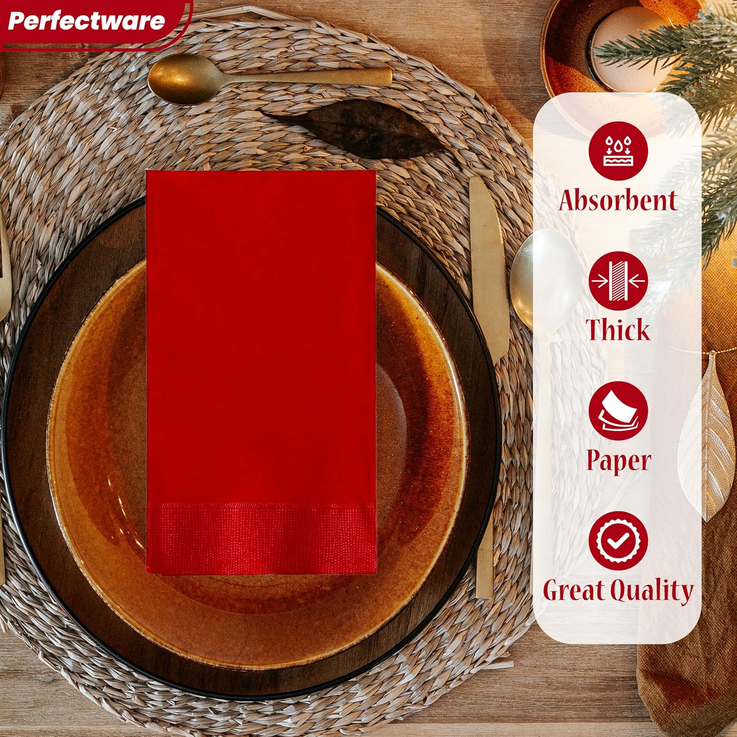 Perfectware- 2 Ply Dinner Napkin Red- 50 CT Red 2 Ply"15 x 17" Paper Dinner Napkins - Pack of 50 CT. Ideal for Party., (PWRedDinnerNapkin-50CT)