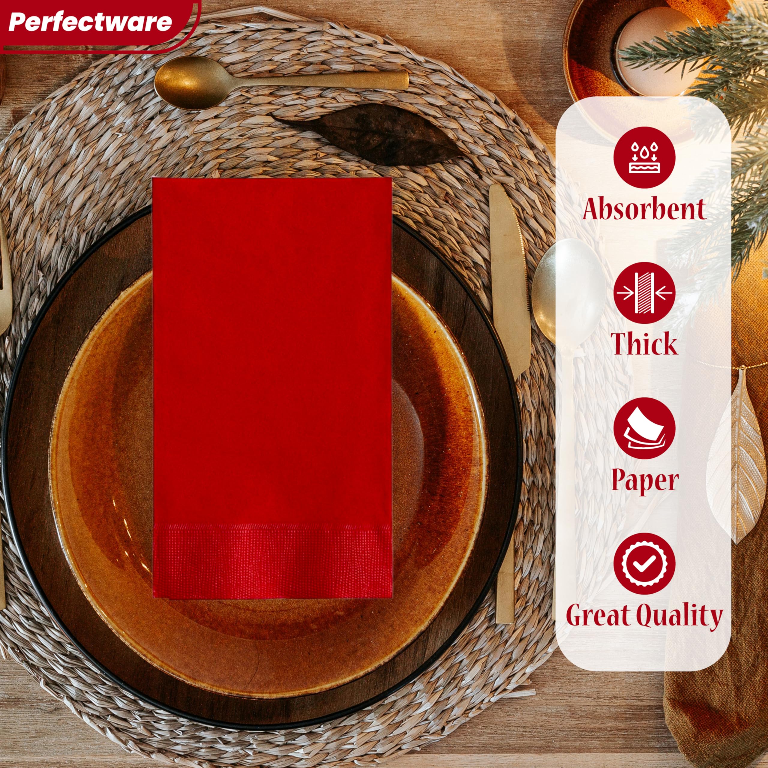 Perfectware - Servilletas de cena de 2 capas rojas, 50 unidades, color rojo, 2 capas, 15 x 17 pulgadas, paquete de 50 unidades. Ideal para fiestas, (PWRedDinnerNapkin-50 CT)