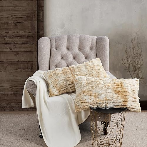 BYTIDE Juego de 2 fundas de almohada cuadradas de piel sintética fruncida con respaldo de microvisón, funda de cojín suave de felpa de lujo para