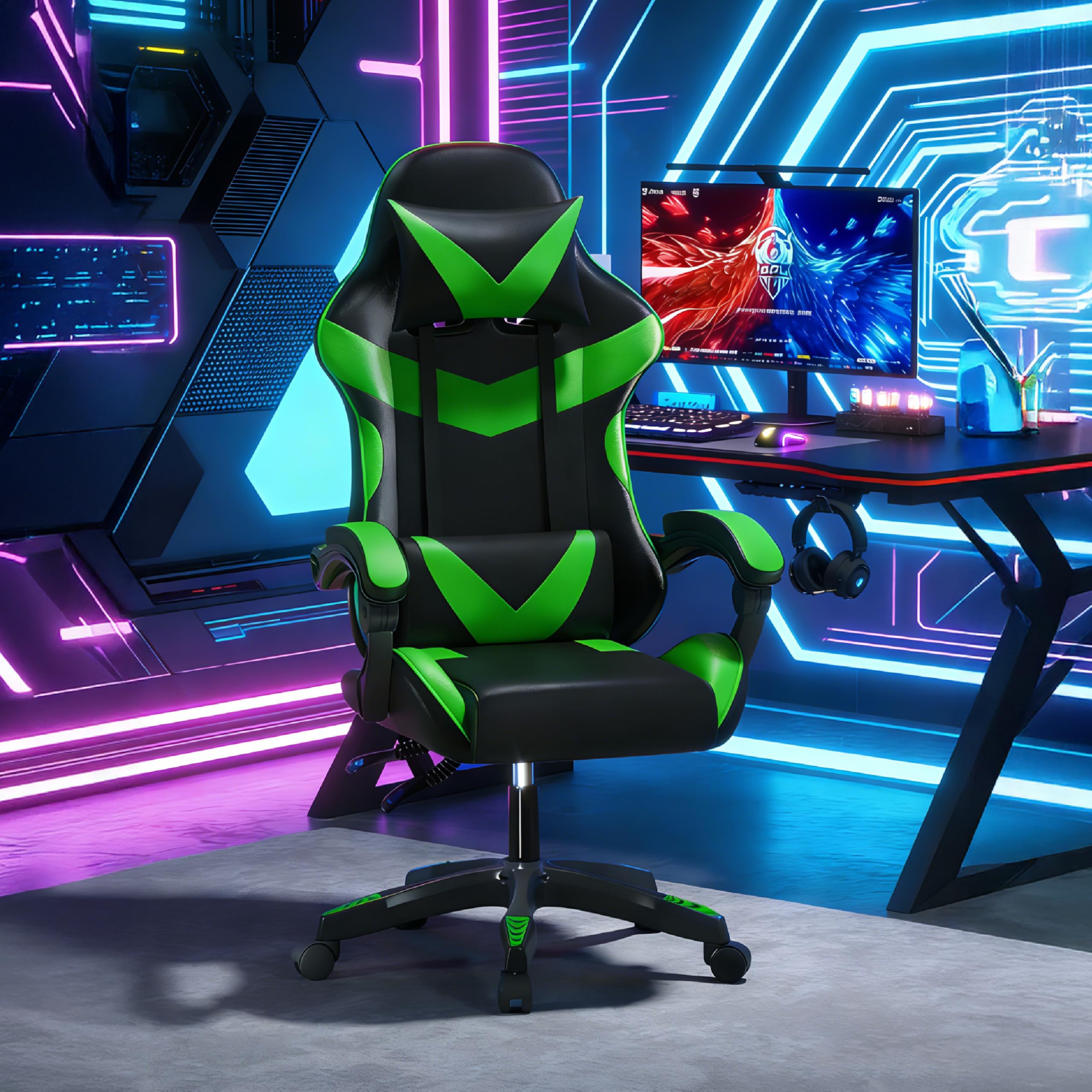 Baroni Home Silla Gaming con respaldo ergonómico inclinable y altura ajustable, silla de oficina con soporte lumbar, reposacabezas acolchado, 50 x 62 x 110-120 cm, negra y verde