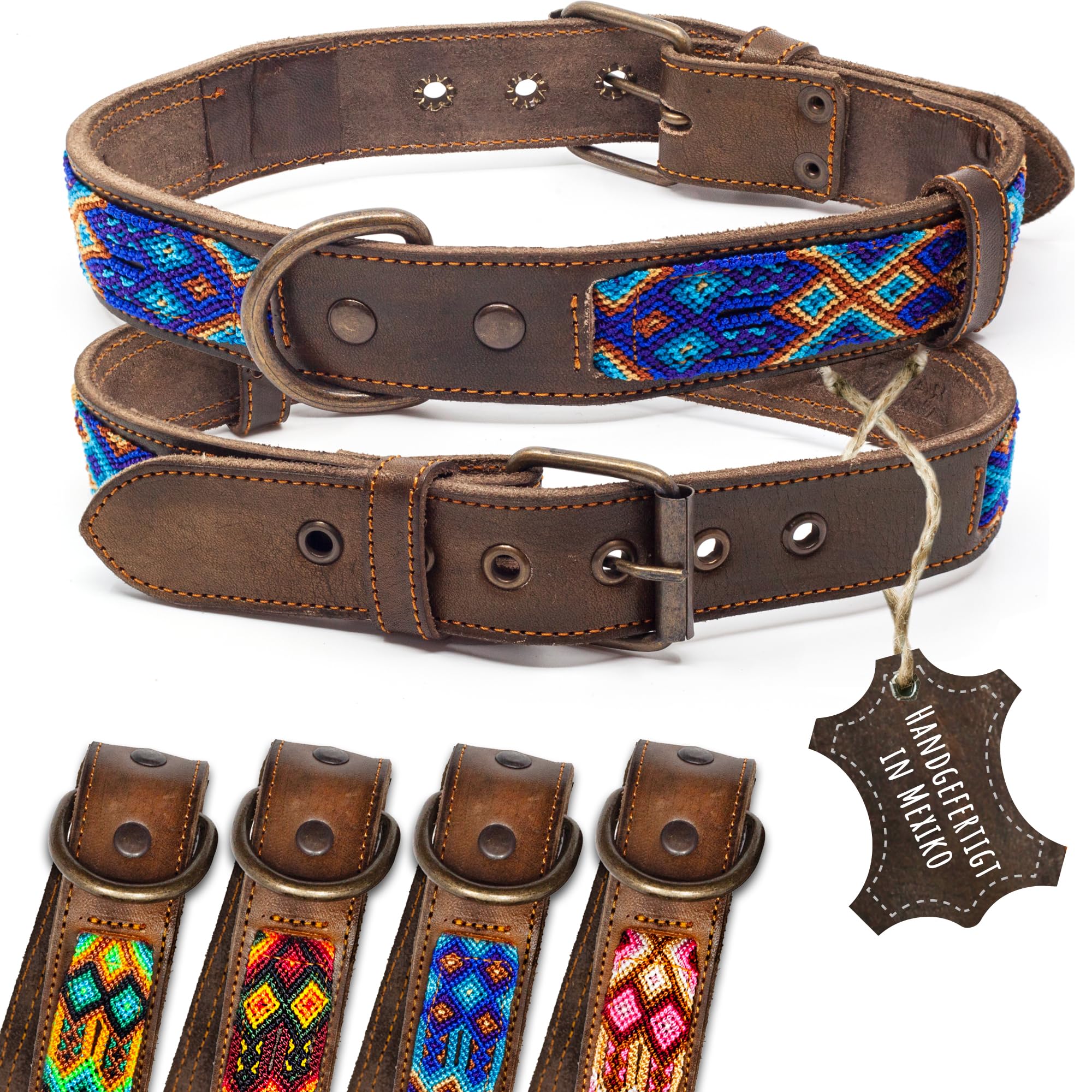 Lederhalsband Hund - Doppelt Tribal Bestickt Blau Braun - Hochwertig verarbeitetes Hundehalsband Leder - Handgemacht in Mexiko - Größe L - Halsband Hund für große Hunde Leder breit