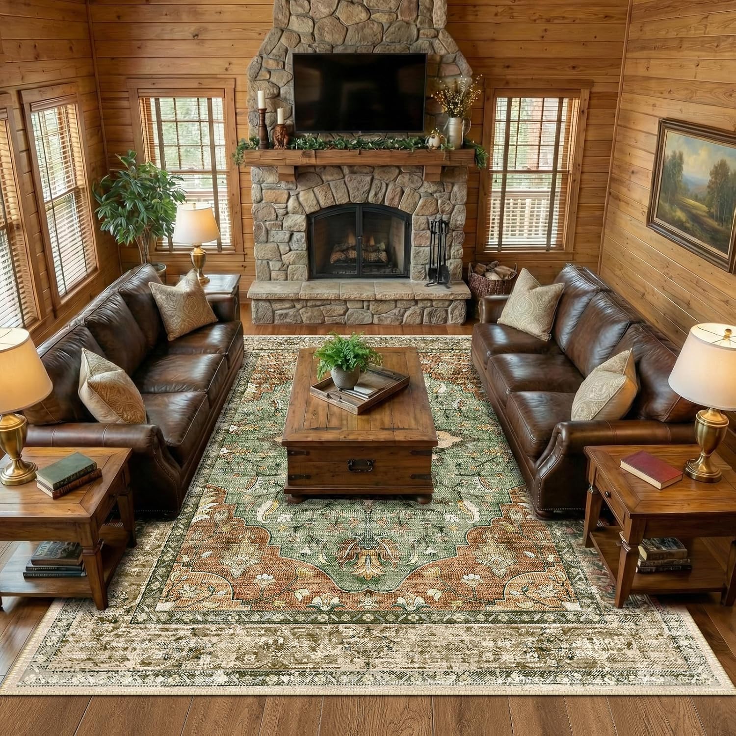 Area Rugs 9'x12' Washable Non-Slip, Floral Vintage Distress Print Pattern Medallion Carpet for Living Room Bedroom Dining Room, Brick Red Rust Neutral Brown Burnt Orange Green Brick/Brown/Green 9' x 12' (Rectangular)