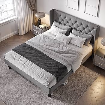 Alex grey約1メートル特大フレーム額縁付き Amazon.com: Allewie Queen Size Bed Frame with Button Tufted