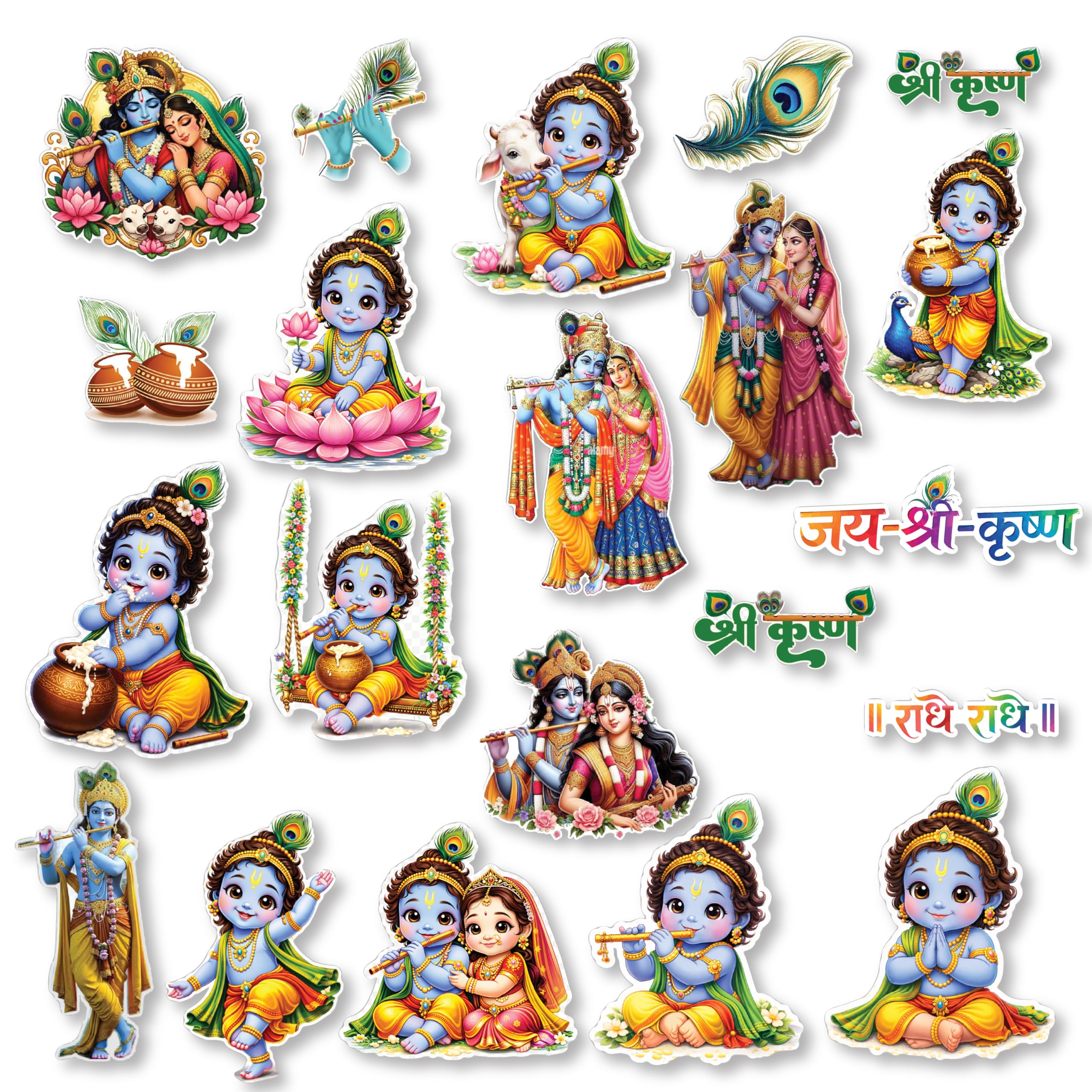 D2C Shri Krishna 21 Stickers Pack for Laptop, Water Bottle, Mandir, Notebook, Mobile Cover & Car | Waterproof Glitter Laminated Krishna Vinyl Stickers for Gifting (Pack of 1)-picture-26