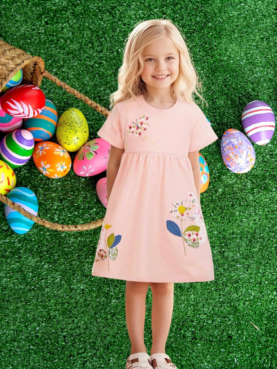 HILEELANG Toddler Girl Short Sleeve Dress Cotton Casual Spring Summer Easter Applique Playwear Dresse Size 2-8 Yeras - Image 3