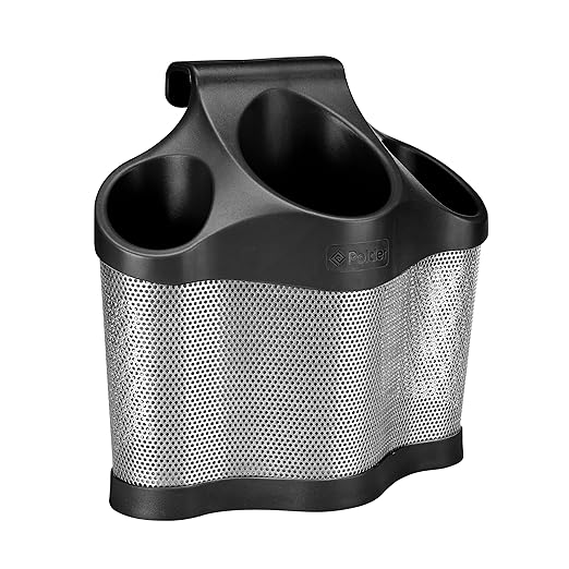 Polder Style Station, Organization for Styling Tools: Hair Dryers,Curling Irons, Straighteners, Brushes, Hang Over Towel Rack, Store Undersink or in Drawer, Black and Silver