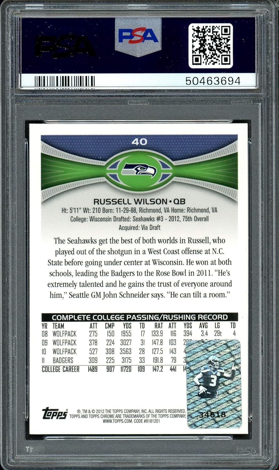 Russell Wilson Autographed 2012 Topps Chrome Rookie Card #40 Seahawks Card Grade Mint 9 PSA/DNA #50463694