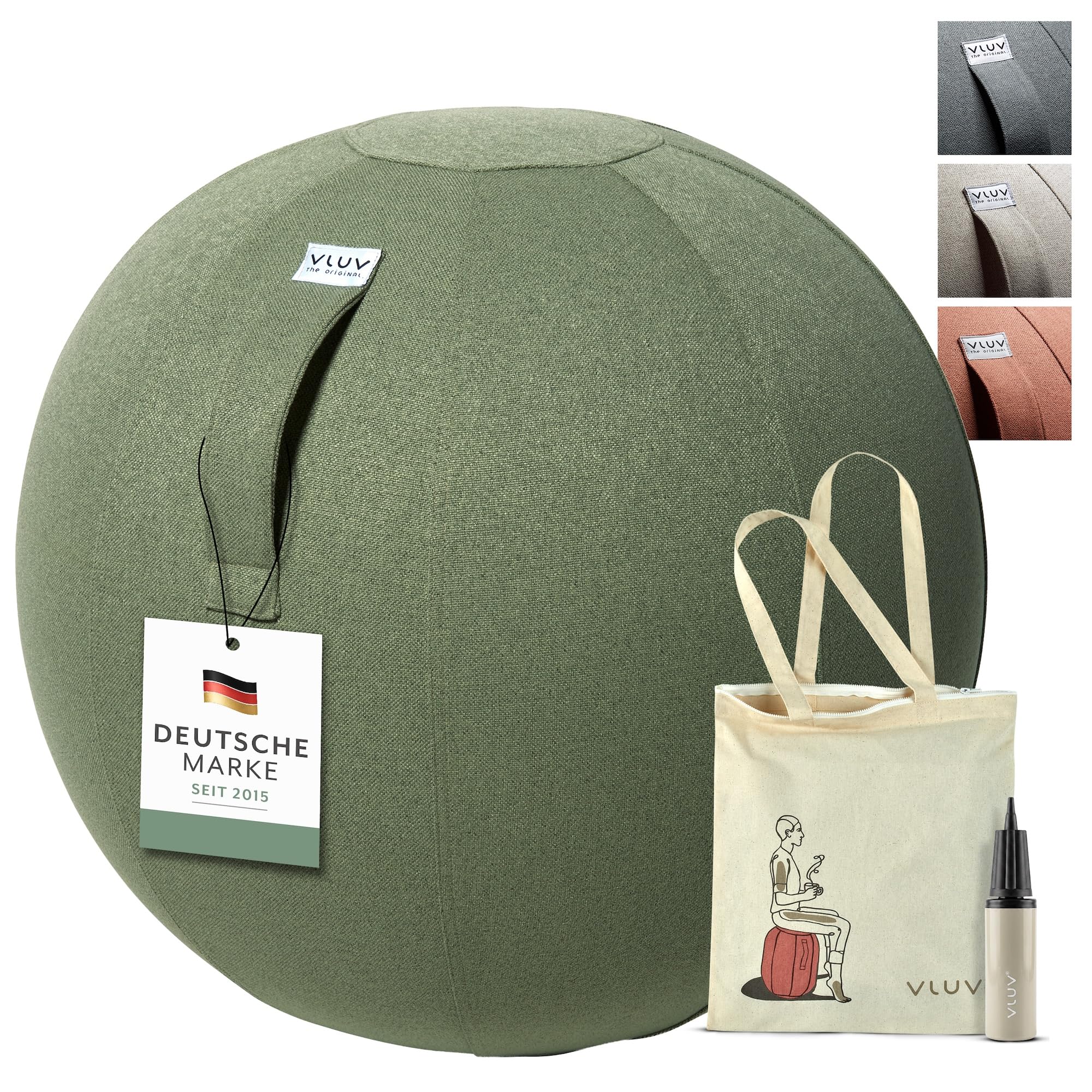 VLUV® BOL SOVA Sitzball Büro ergonomisch - Gymnastikball mit waschbarem Stoffbezug, atmungsaktiv, Tragegriff und Wegrollschutz - für Schwangerschaft und Home Office - Beige - 60cm bis 65cm
