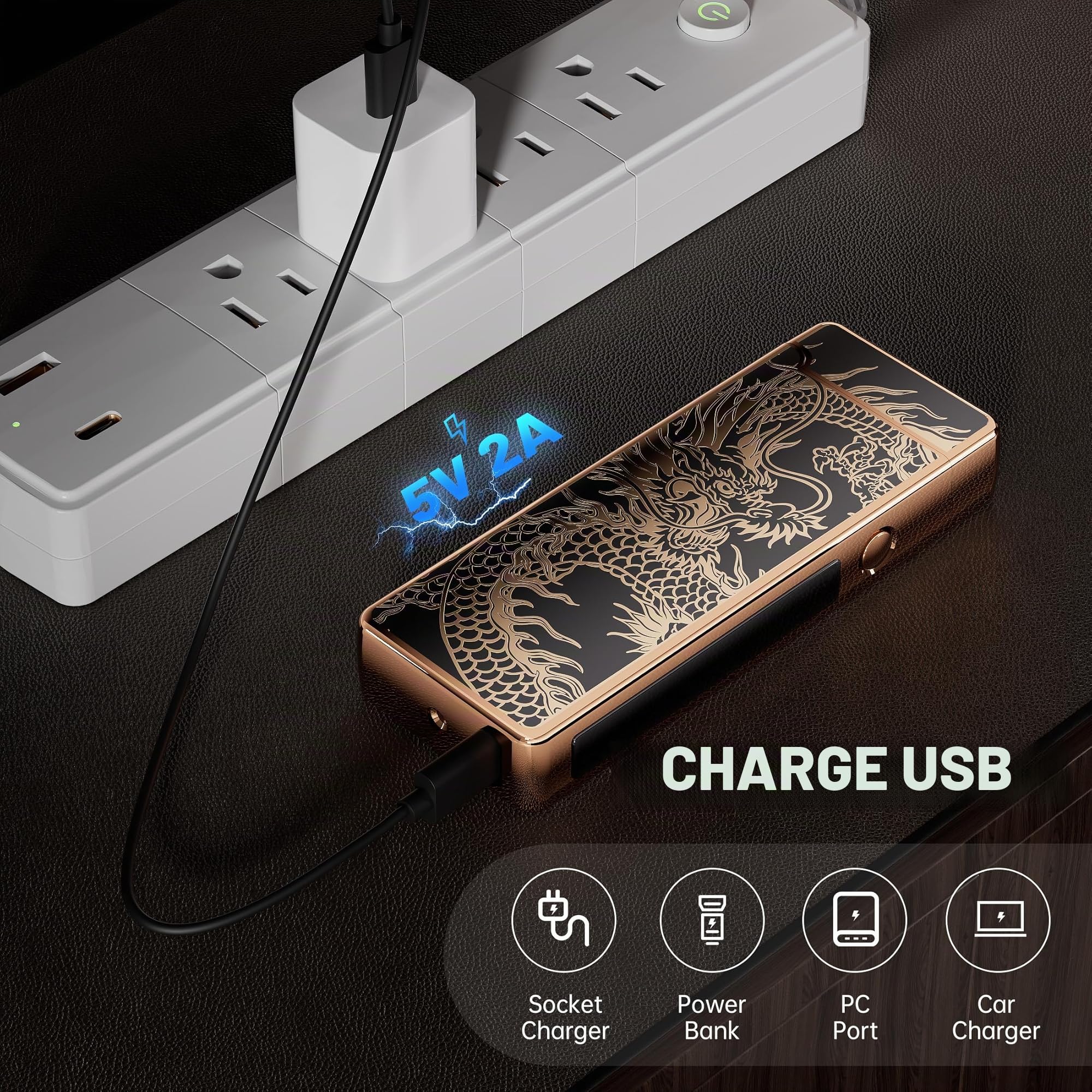 Briquet électrique rechargeable USB double arc résistant au vent camping