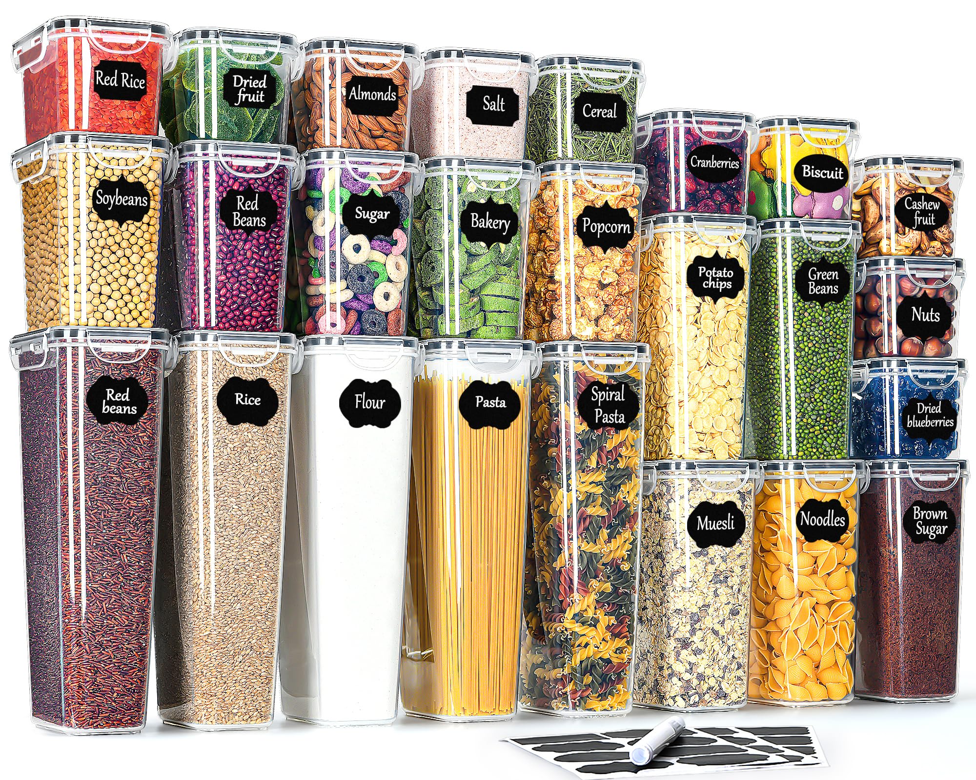 L LONGANCHANG Boite Hermetique Alimentaire Lot de 25: Bocaux Rangement en Plastique avec Couvercles | Boite Rangement Cuisine pour Céréales, Farine, Pâtes, Riz | Sans BPA | Lavable au lave-vaisselle