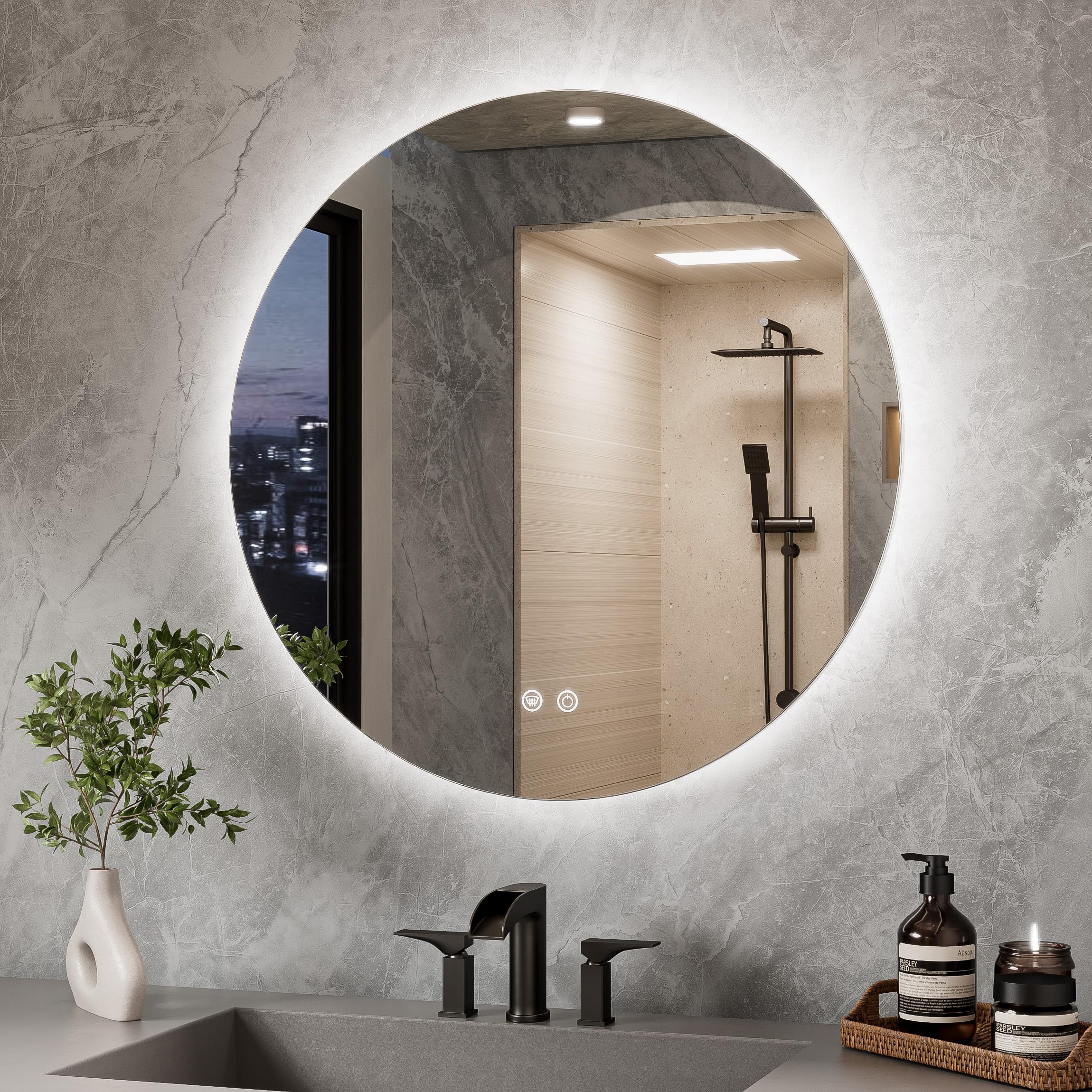 TETOTE 70cm Round Bathroom Mirror with LED Light, Illuminated Vanity Mirror with Backlit Light, Multifunction Smart Bathroom Mirror, Anti-Fog Wall Mounted Mirror, 3 Colors Dimmable, Memory Function