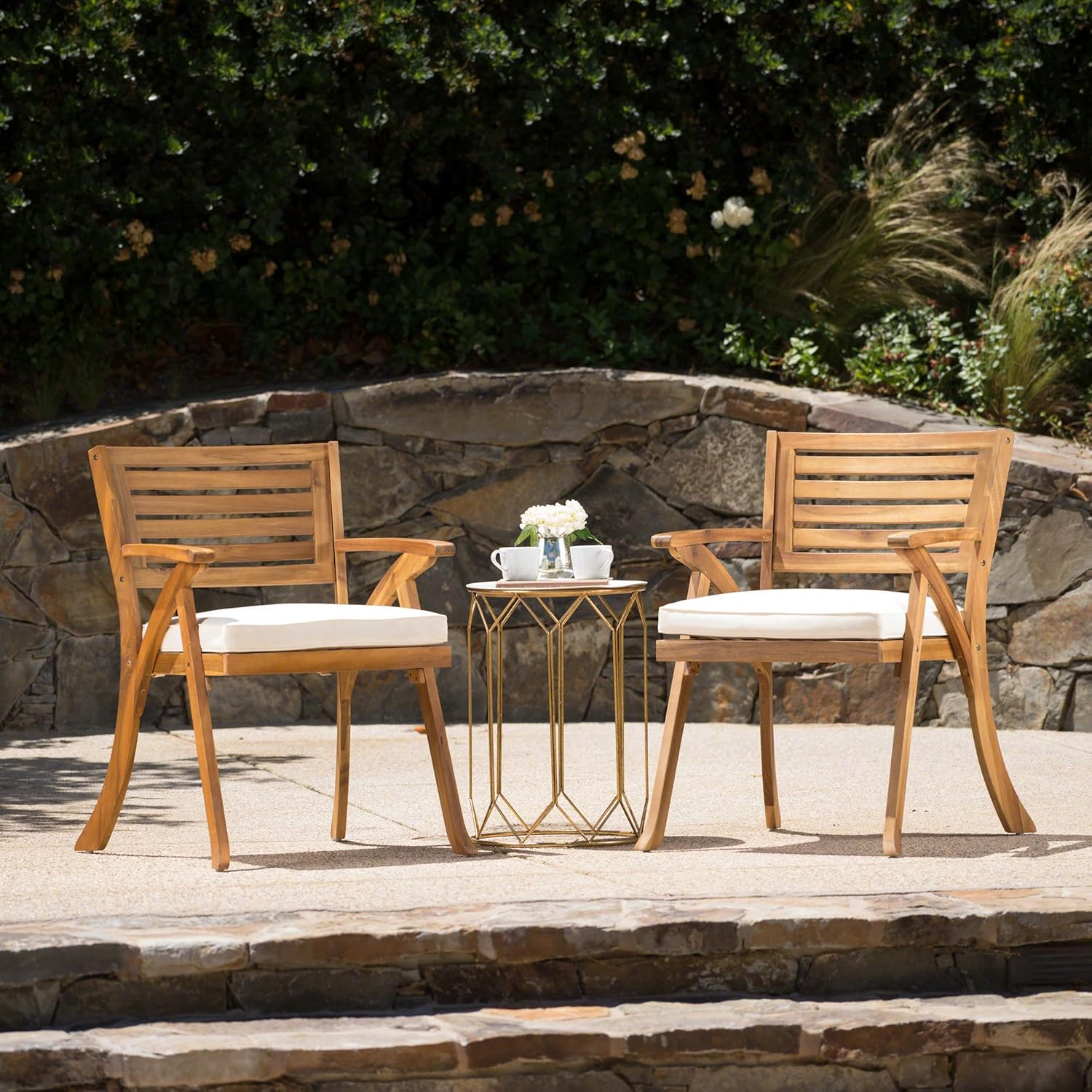 3-Piece Acacia Wood Patio Bistro Set, Outdoor Patio Furniture with Resistant Cushions for Backyard, Lawn, Deck and Balcony, Table Chair Set with 2 Chairs, Round Coffee Table, Teak Finish