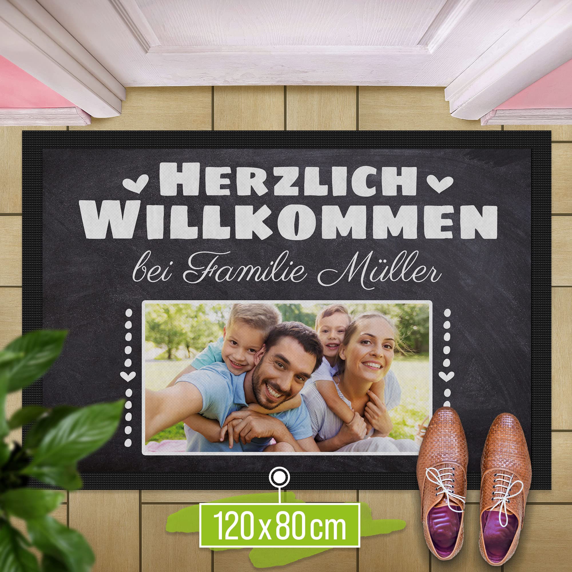 Print Royal Personalisierte Fußmatte mit Namen & Bild - Herzlich Willkommen - Geschenke zum Einzug | rutschfest, 120x80cm mit Gummirand
