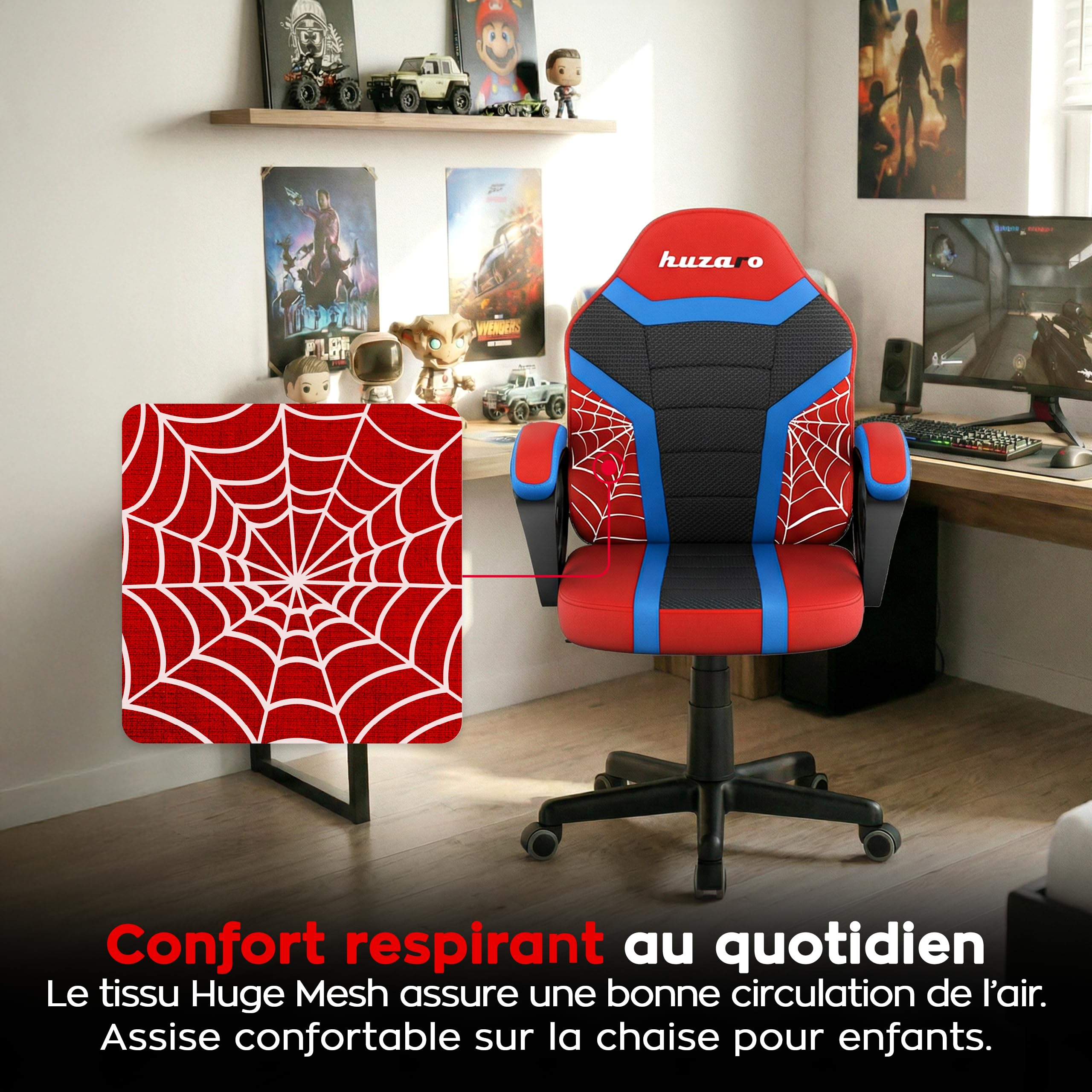 huzaro Ranger Mesh Chaise Gaming Ergonomique pour Enfant, Chaise de Bureau Enfant Respirante avec accoudoirs, Hauteur réglable 6 cm, Soutien du Dos, idéale pour Enfants 80–150 cm, siège Stable Spider