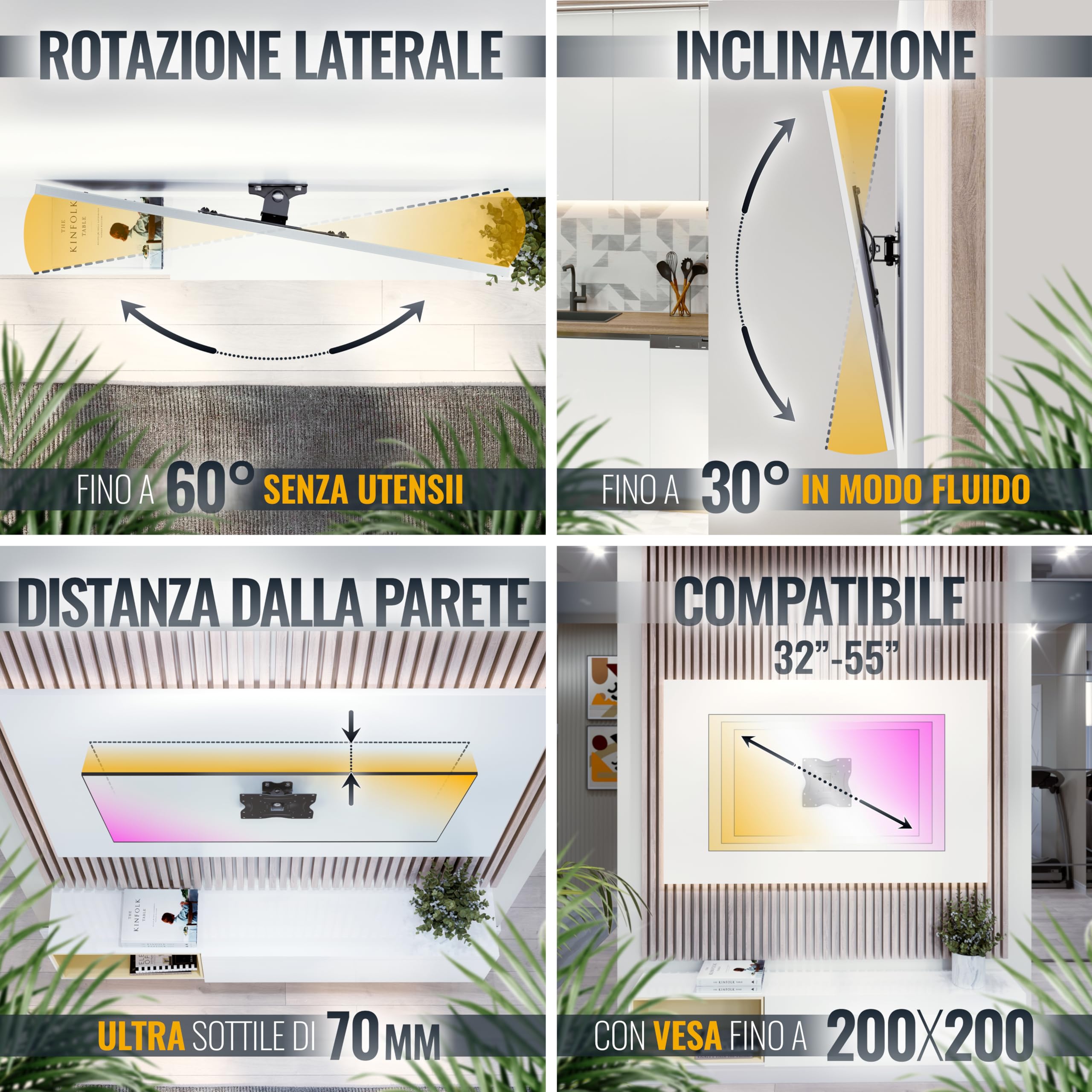 RICOO R12 Supporto TV da parete Staffa TV 32-55 pollici per 32 55 pollici girevole inclinabile fino a 30 kg max VESA 200x200