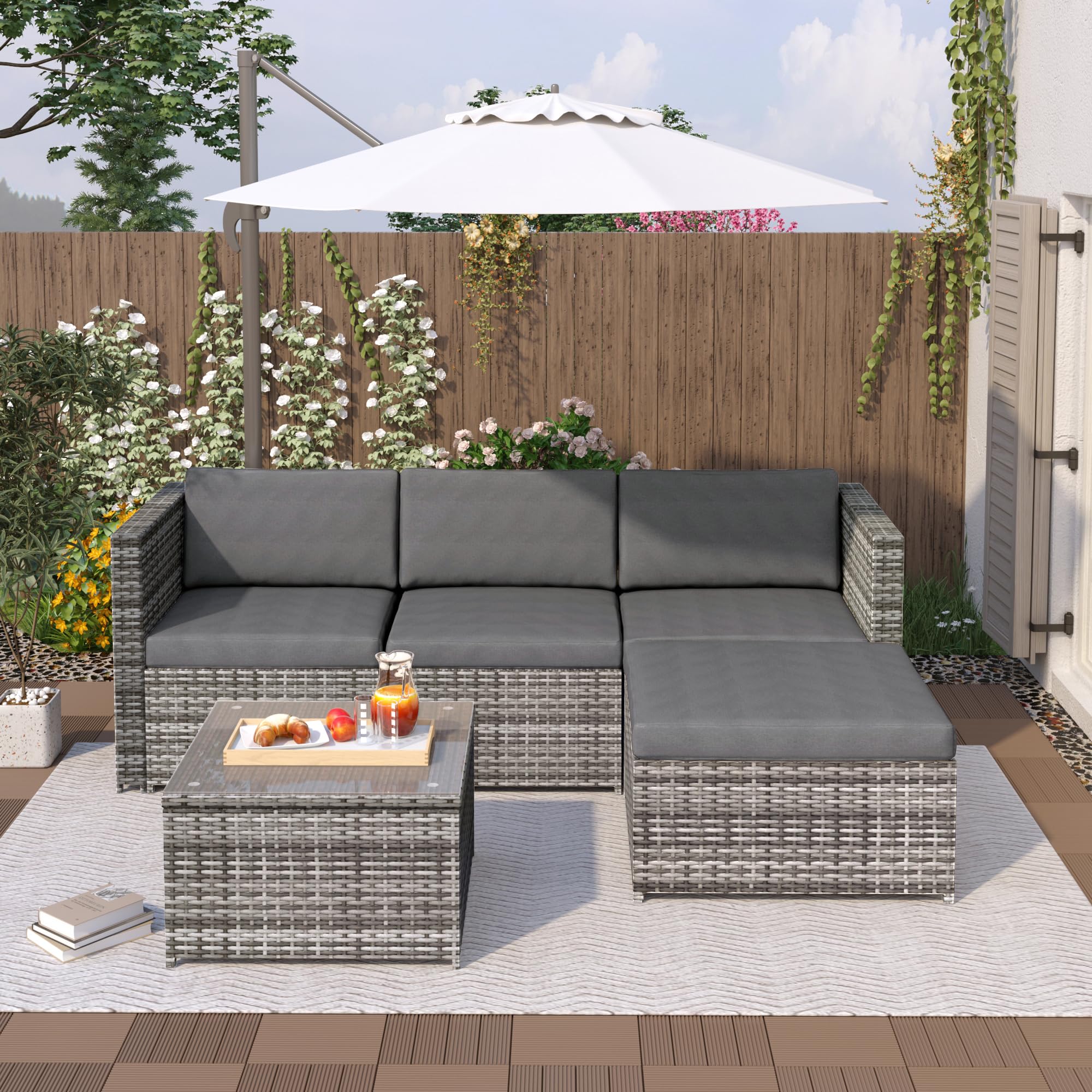 Salotto da Giardino Esterno in Rattan, Set Giardino Esterno Divano ad Angolo con seduta e cuscino per schiena, Tavolo da salotto con piano in vetro, per giardino balcone terrazza esterni