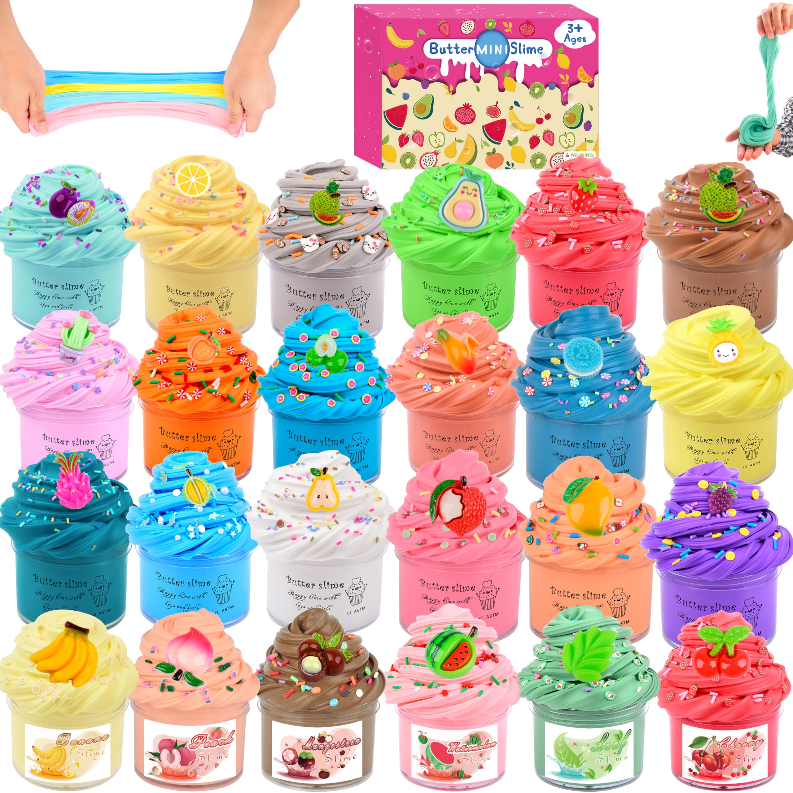 24 Pack Butter Slime Kit,Peach Charms Watermelon Slime,Super Soft and Non-Sticky, Stress Relief Toy Party Favors Birthday Gifts for Girls and Boys 6 7 8 9 10 11 12