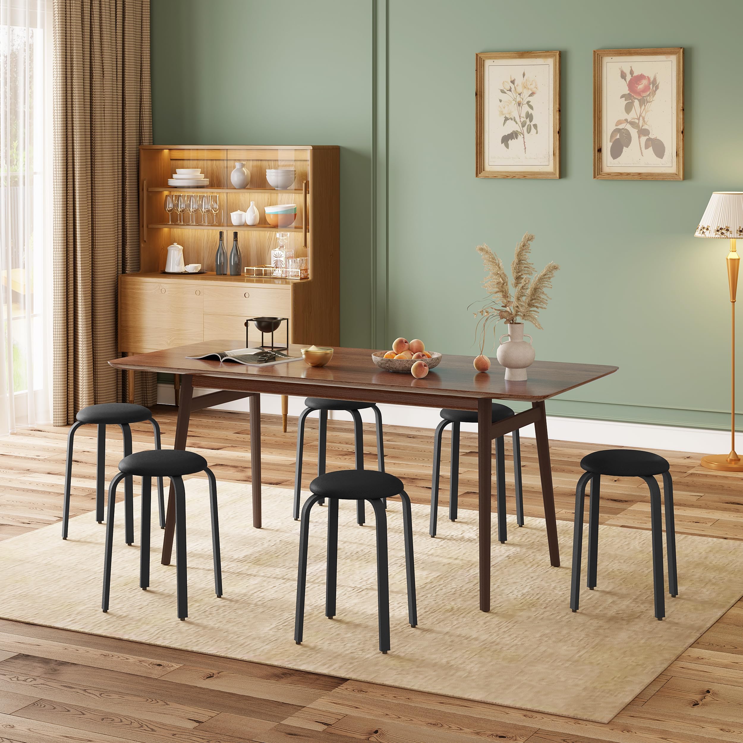 Lestarain 2xTaburete de Comedor Redondo Apilable, Asiento Acolchado, Marco Metálico para Cocina, Comedor, Dormitorio, Pasillo, Negro, LCNI116002-2